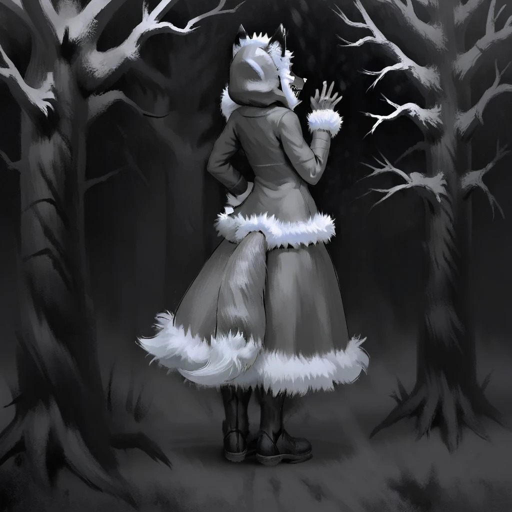 hands up, own hands together, full body, tail, realistic, tree, fur-trimmed coat, hand on hip, standing, greyscale, back view, hood, from side, 1girl, smile, sharp teeth