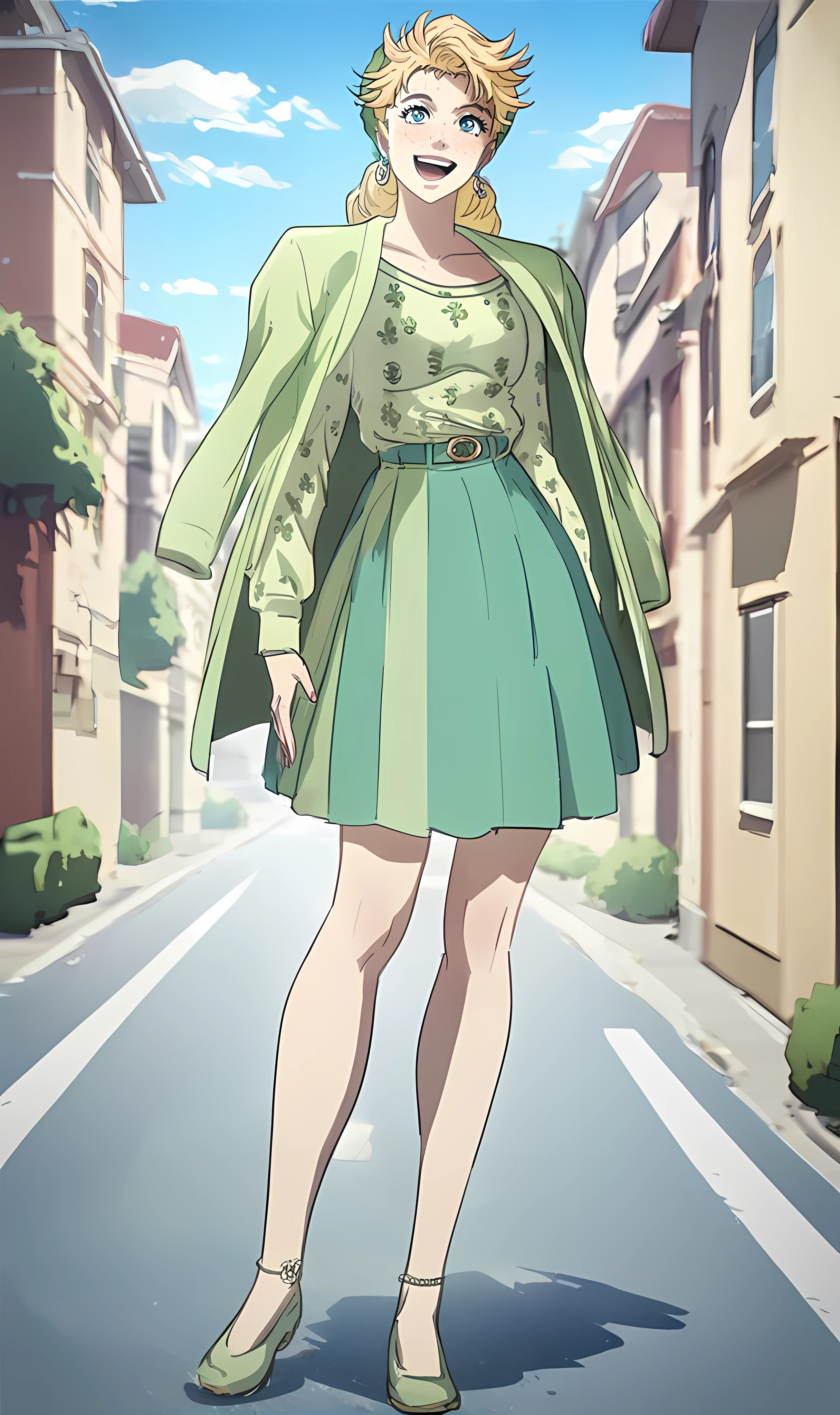 j0j0, score_8_up, score_7_up, source_manga, rating_explicit, <lora:j0j0XLP:0.5>, suz1Q, girl, blonde hair, messy hair, blue eyes, happy expression, talking, green coat, green sweater, skirt, shoes, full body, outdoors, in an italian street,  <lora:Jojos_Bizarre_Adventure_Suzi_Q_-_Pony:0.9>