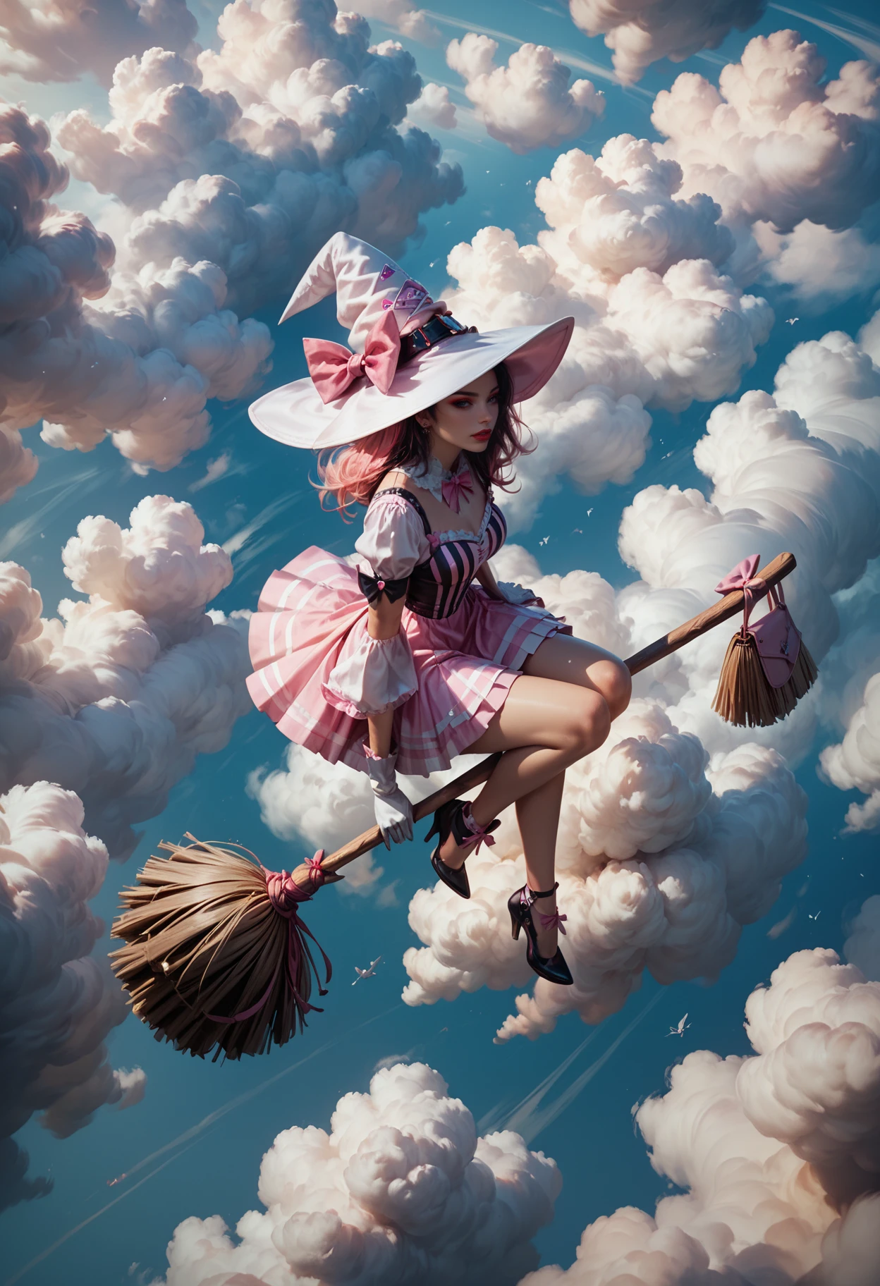 score_9, score_8_up, score_7_up, score_7, score_6_up, score_5_up,  a woman wearing (((reij-pnkwtch  <lora:PinkWitch-000003:1>))), sits on a broom, flying over the clouds, dynamic angle