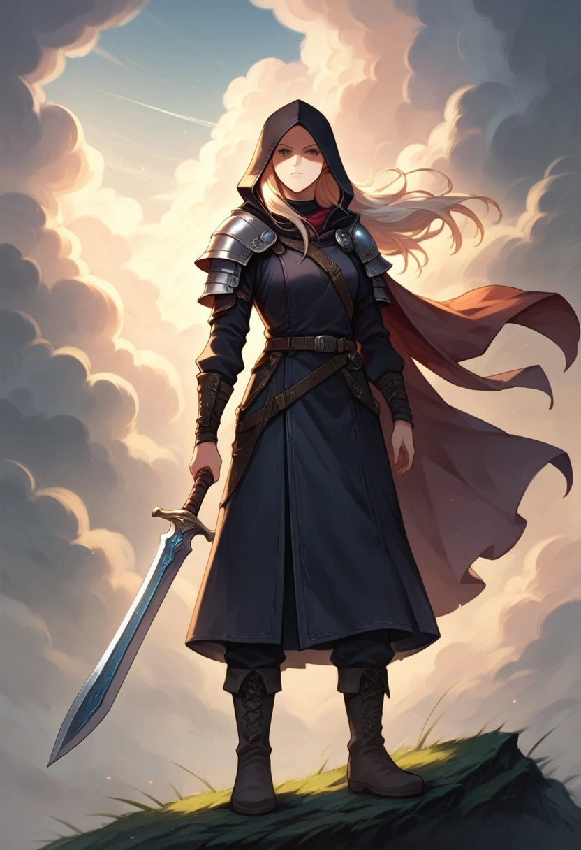 score_9, score_8, score_7, hood, holding weapon, hood up, long sleeves, long hair, boots, shoulder armor, cloud, belt, closed mouth