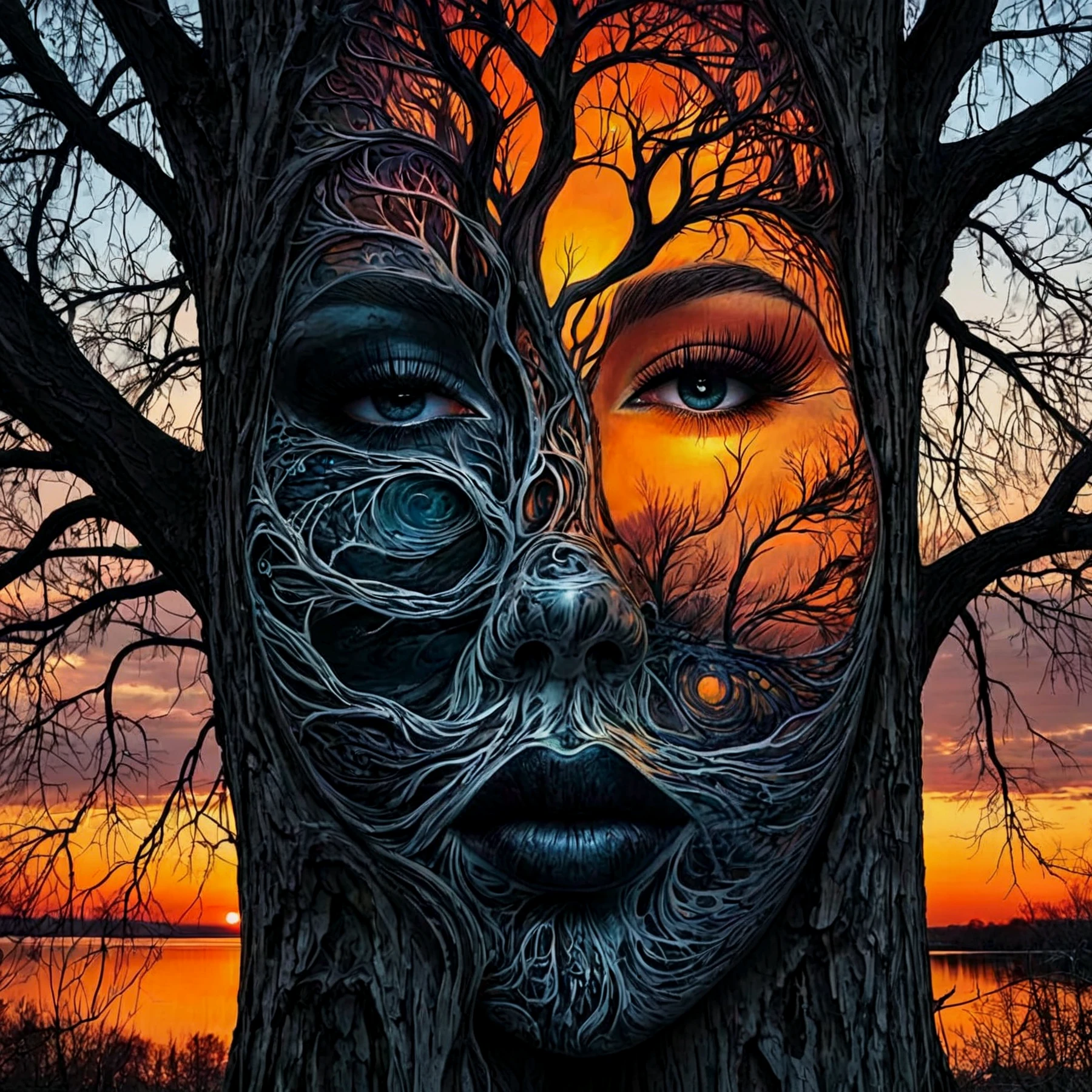 highly detailed. Vivid.

Darkness, dusk, sunset.

Face amongst the branches of a tree.

<lora:Visage01-03_CE_SDXL:0.7>