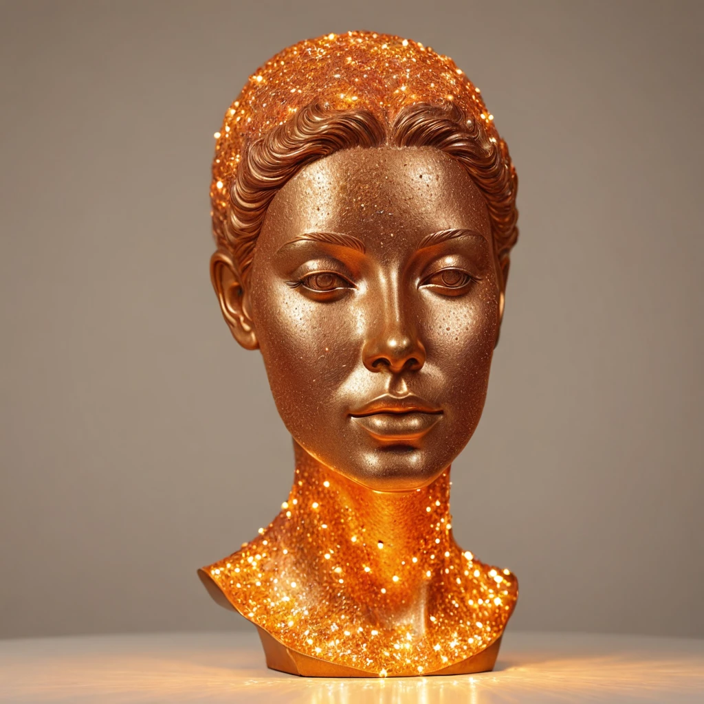 a statue of a portrait of a women made entirely of cooper dust,sparckle and shines