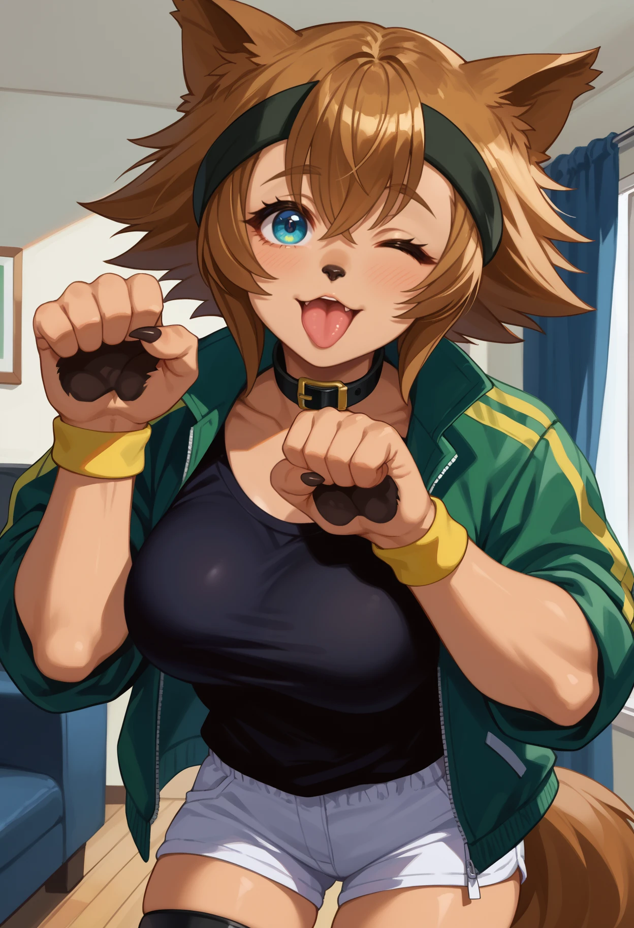 score_9,score_8_up,score_7_up,1girl,jelopt,oiled body,large breasts,dog girl,body fur,brown fur,blue eyes,brown hair,hair between eyes,short hair,animal ears,tail,indoors,paw pose,black headband,black collar,green jacket,open jacket,sleeves rolled up,yellow wristband,black shirt,white shorts,thigh strap,looking at viewer,one eye closed,tongue out,<lora:Polt-JeloXL-000007:1><segment:yolo-Anzhc Face seg 640 v2 y8n.pt,0.4,0.3><segment:yolo-Anzhc Breasts Seg v1 1024m.pt,0.4,0.3>