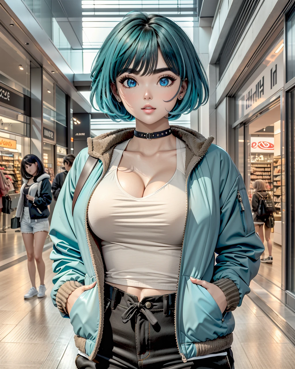 best quality,masterpiece,highly detailed,ultra-detailed, 
 <lora:neg9V2_last:0.7> retro-anime-90, 1990s \(style\)
<lora:retro-anime-90_V02:0.7>, 1girl, Tank Top with Thin Straps: A design with relatively thin straps, usually more suitable for summer wear. Cargo Pants , Pants with side pockets for a utilitarian look. (Fleece Jacket:1.3), Fleece fabric, Various, often earth tones, Huge breasts ,,  narrow waist, Geometric Bob with Hidden LED Lights - Turquoise    , fantastic details full face, dot nose,detailed Doll-like eyes, turquoise iris, straight eyebrows, pastel blue beautiful Detailed Eyes,    lips at Shopping Mall - modern and chic, with designer brands and trendy boutiques.