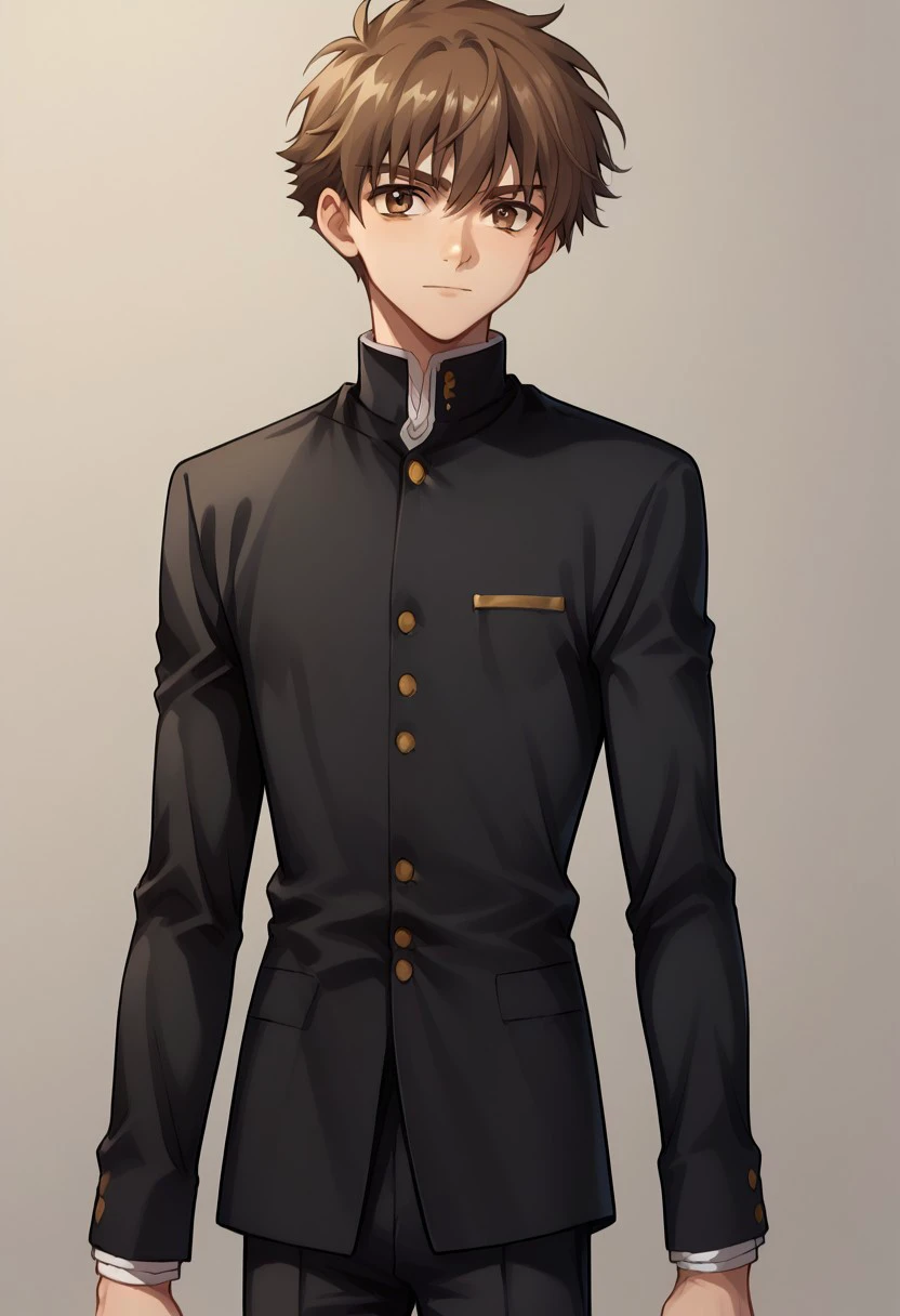 score_9, score_8_up, score_7_up, source_anime, highly detailed,
shaoran, 1boy, male focus, slender, skinny, brown hair, brown eyes, solo, male focus, gakuran, school uniform, black uniform, black pants,  long sleeves, pants,