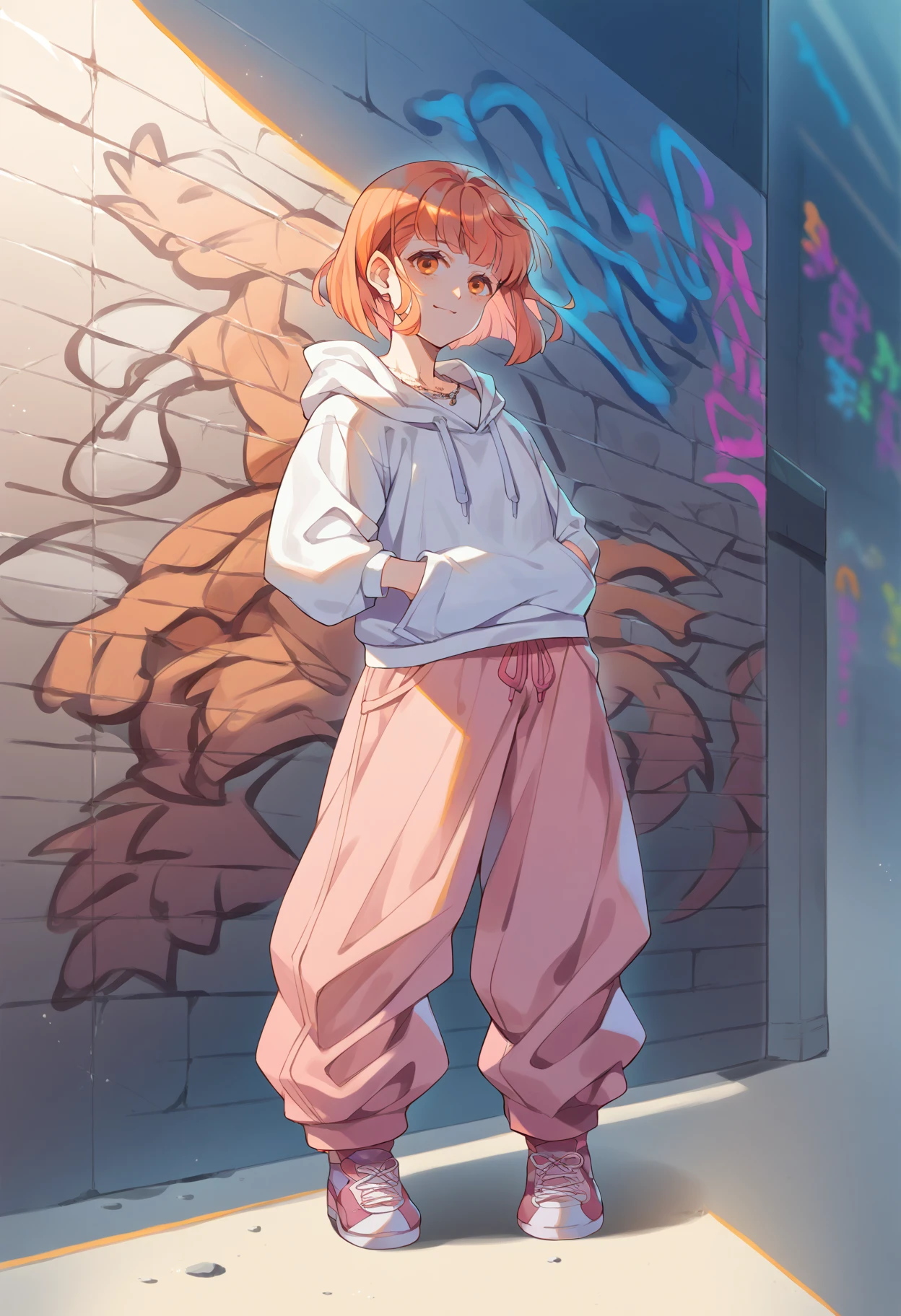 score_9, score_8_up, source_anime, 1girl, solo, HarukaNanami, short hair, urban and street style, graffiti-inspired colors, cool and edgy attire, baggy pants, oversized hoodie, stylish sneakers, fashionable accessories, hip hop jewelry, confident expression, graffiti walls, energetic and vibrant atmosphere, <lora:ChamHarukaNanamiPonyXL:1>