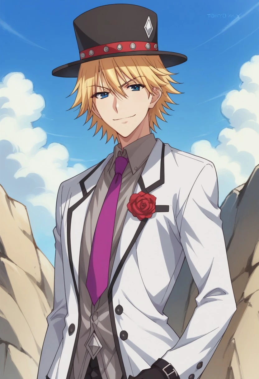 score_9, score_8_up, score_7_up, source_anime, highly detailed,
KaiNijuuri, solo, 1boy, male focus, hat, blonde hair, gloves, monocle, necktie, flower,
top hat, purple necktie, rose, upper body, blue eyes, black gloves,
formal, smile, smirk, suit, standing,
outdoor, sky