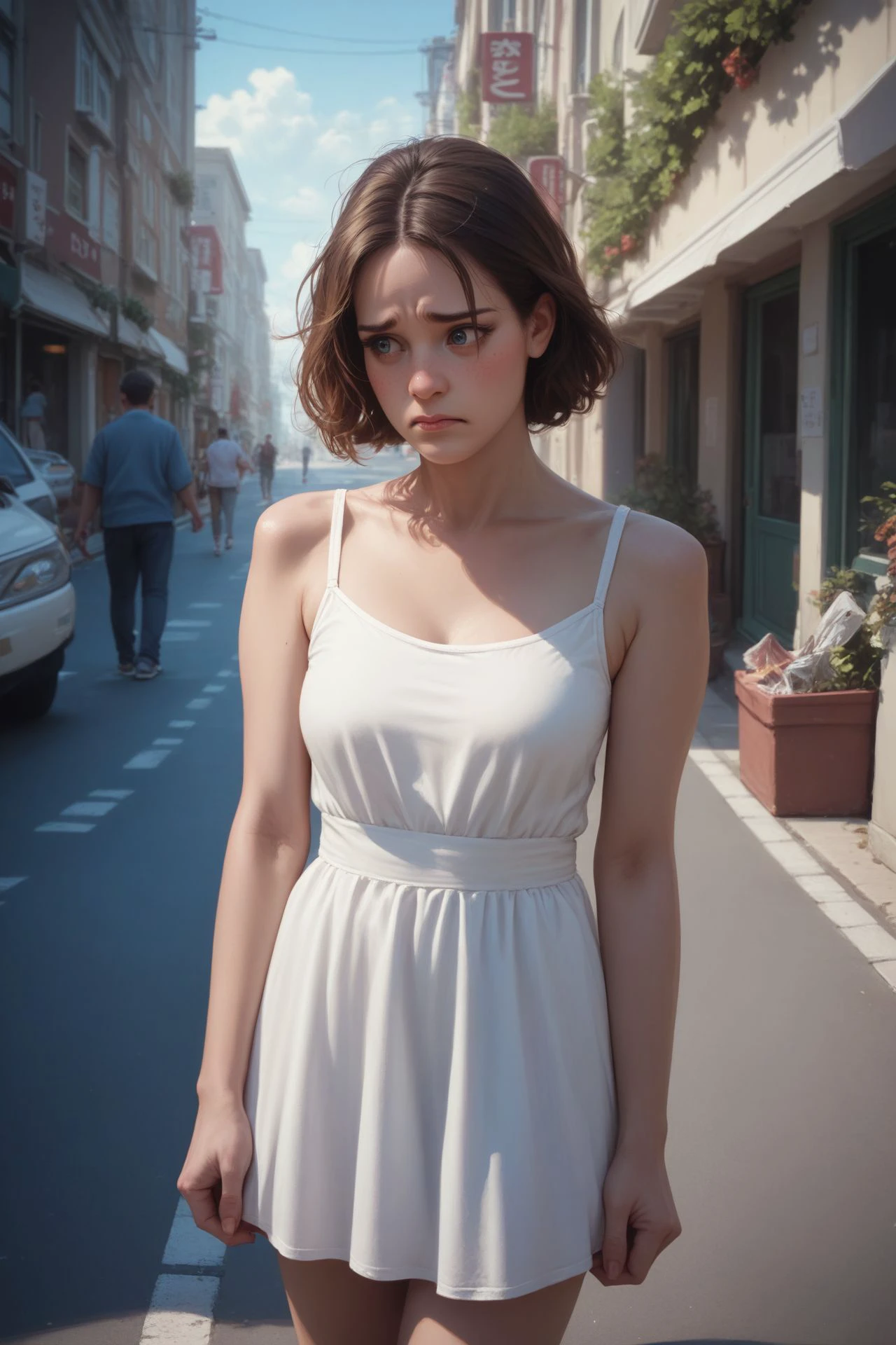 score_7_up, score_8_up, score_9, 1girl, solo, embarrassed, street, outdoors, realistic