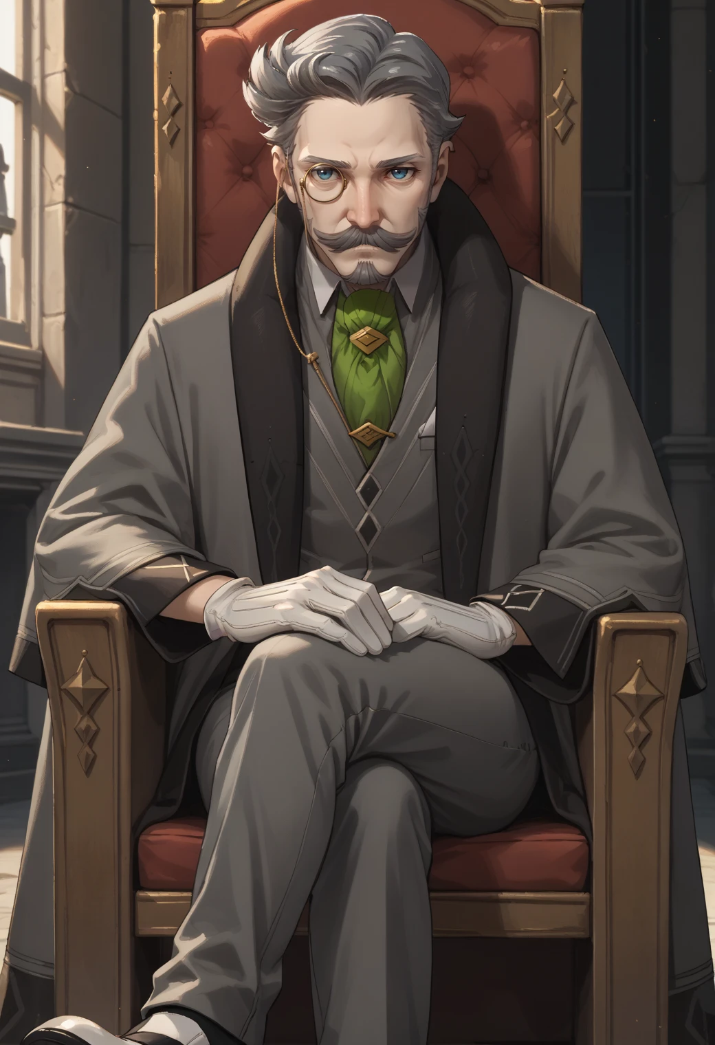 score_9, score_8_up, score_7_up, source_anime, 1boy, sitting, crossed legs, bored, looking at viewer, head rest, <lora:HannemanFE-pdxl:1> hanFE, short hair, grey hair, blue eyes, monocle, old man, mustache, goatee, grey jacket, collared shirt, green ascot, coat, white gloves, grey pants, shoes, throne