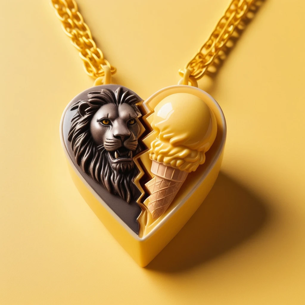 <lora:SplitHeartSDXL:1>SplitHeart, Geomembrane heart, Lionstatueshelf|Icecreamconeshoe, Earthenware chain, Comic Book Yellow gradient background