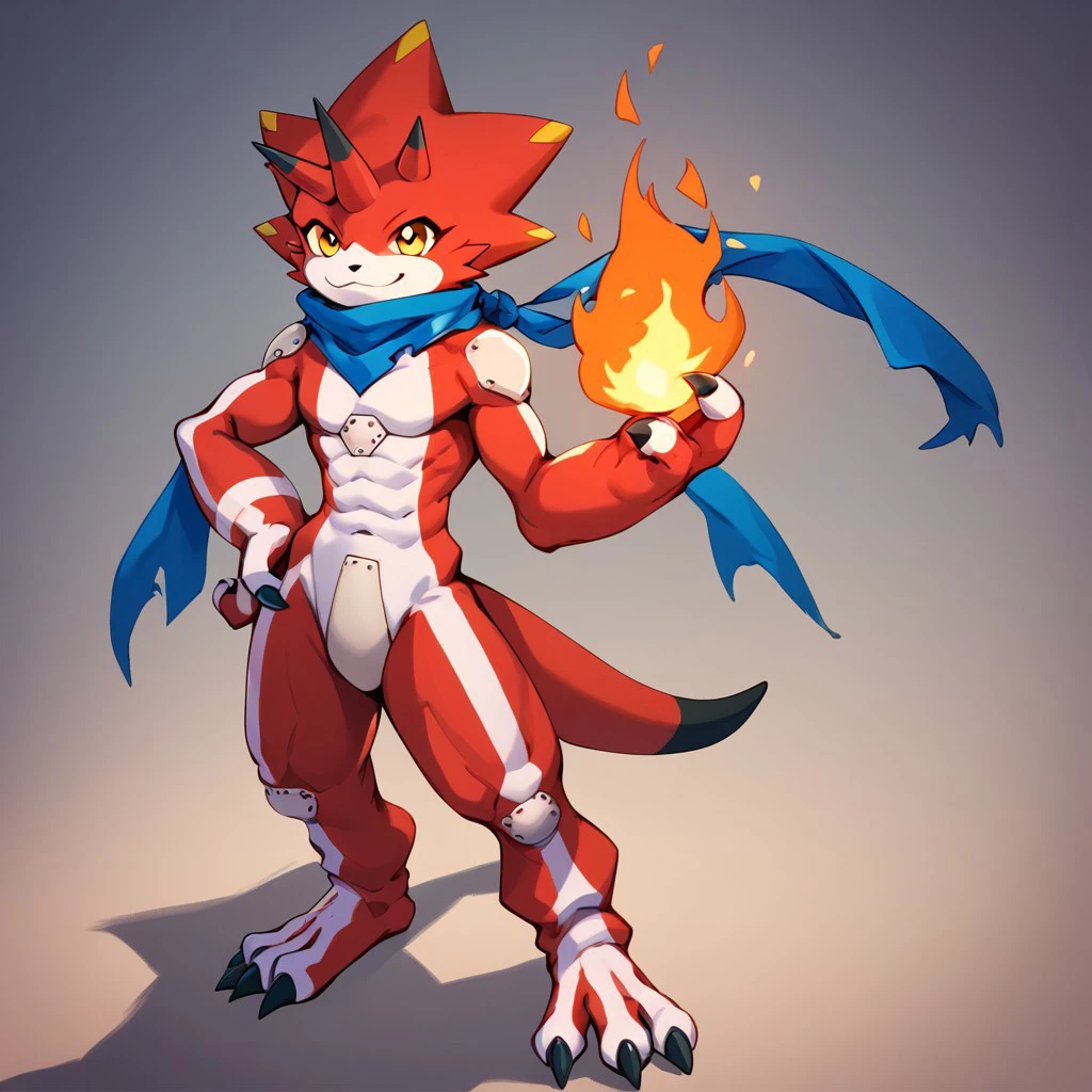 betelgammamon (character), digimon (creature), anthro, scalie, red body, white stripe, horns, scarf, claws, yellow eyes, tail, 1boy, solo, smile, holding fire, 3 fingers, 3 toes, hand on hip, standing, score_9, score_8, score_7_up, score_6_up,