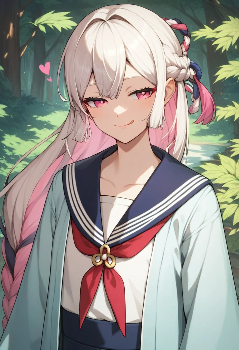 score_9, score_8_up, score_7_up, source_anime, beautiful, long hair, white hair, pink hair, multicolored hair, braid, pink eyes, looking to viewer, young, japanese clothes, school uniform, looking to viewer, smile, forest, pose, half-closed eyes, naughty face, tongue outside, closed mouth, laining forward, hearts