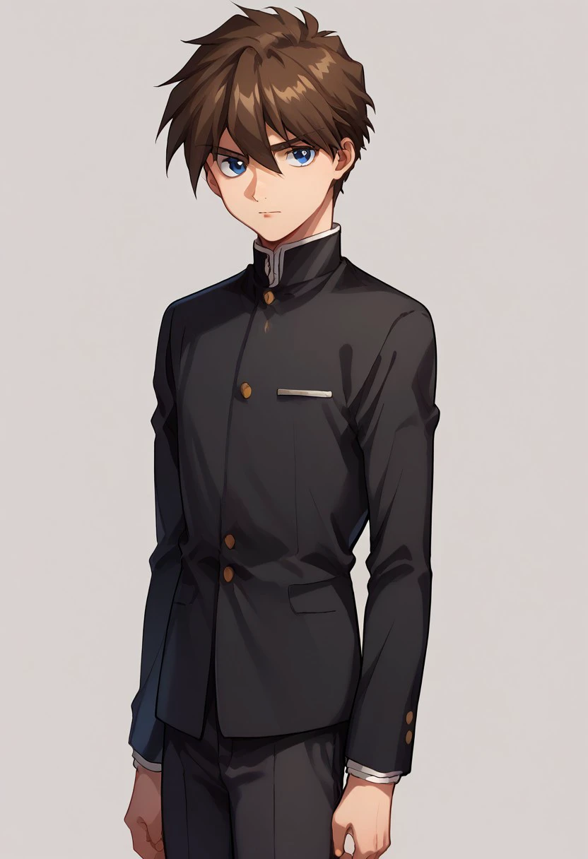 score_9, score_8_up, score_7_up, source_anime, highly detailed,
heeroyui, 1boy, solo, male focus, brown hair, blue eyes, gakuran, school uniform, black uniform, black pants, simple background, long sleeves, pants,