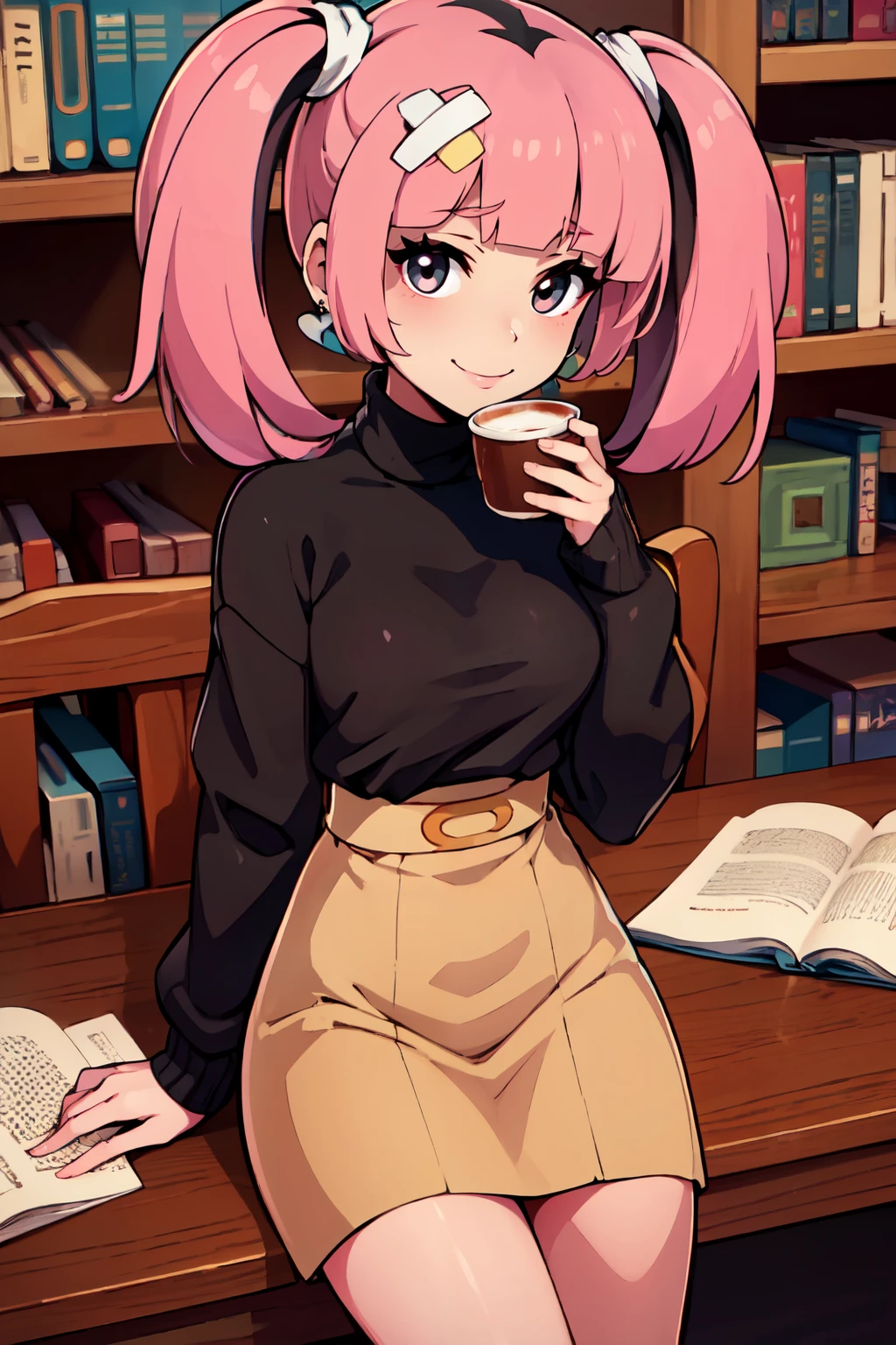 ((masterpiece,best quality)), absurdres,  BREAK, , <lora:Coral_Pokemon:0.8>,  zzCoral, pink hair, twintails, blunt bangs,  hair ornament, , BREAK, turtleneck sweater, earrings, library, cup of coffee, sitting at table, BREAK, solo, smile, looking at viewer, cowboy shot,