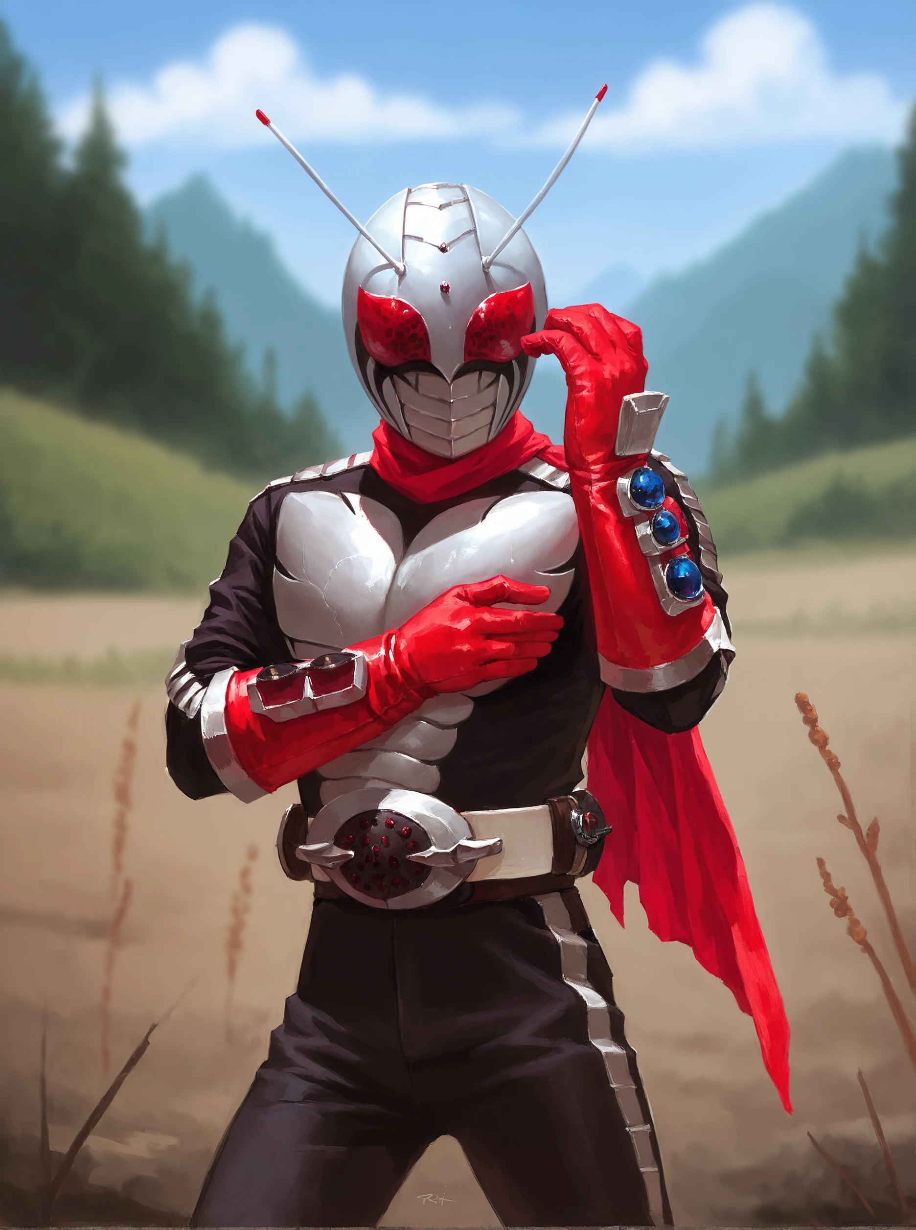 score_9, score_8_up, score_7_up, masterpiece, source_realistic, kamen rider, 1boy, antennae, male focus, solo, belt, scarf, red gloves, outdoor, <lora:sn0wStyle:1> <lora:HKHorrorXL:1>,  <lora:Kamen_rider_super-1_1980:1>