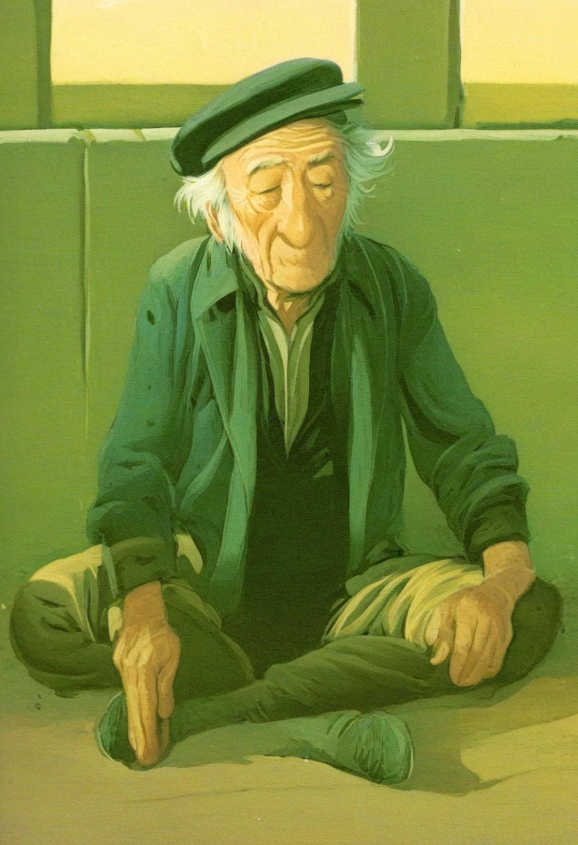 score_9_up, score_8_up, score_7_up, cabsantos, old, 1boy, hat, male focus, old man, solo, sitting, beret, closed eyes, holding, facial hair