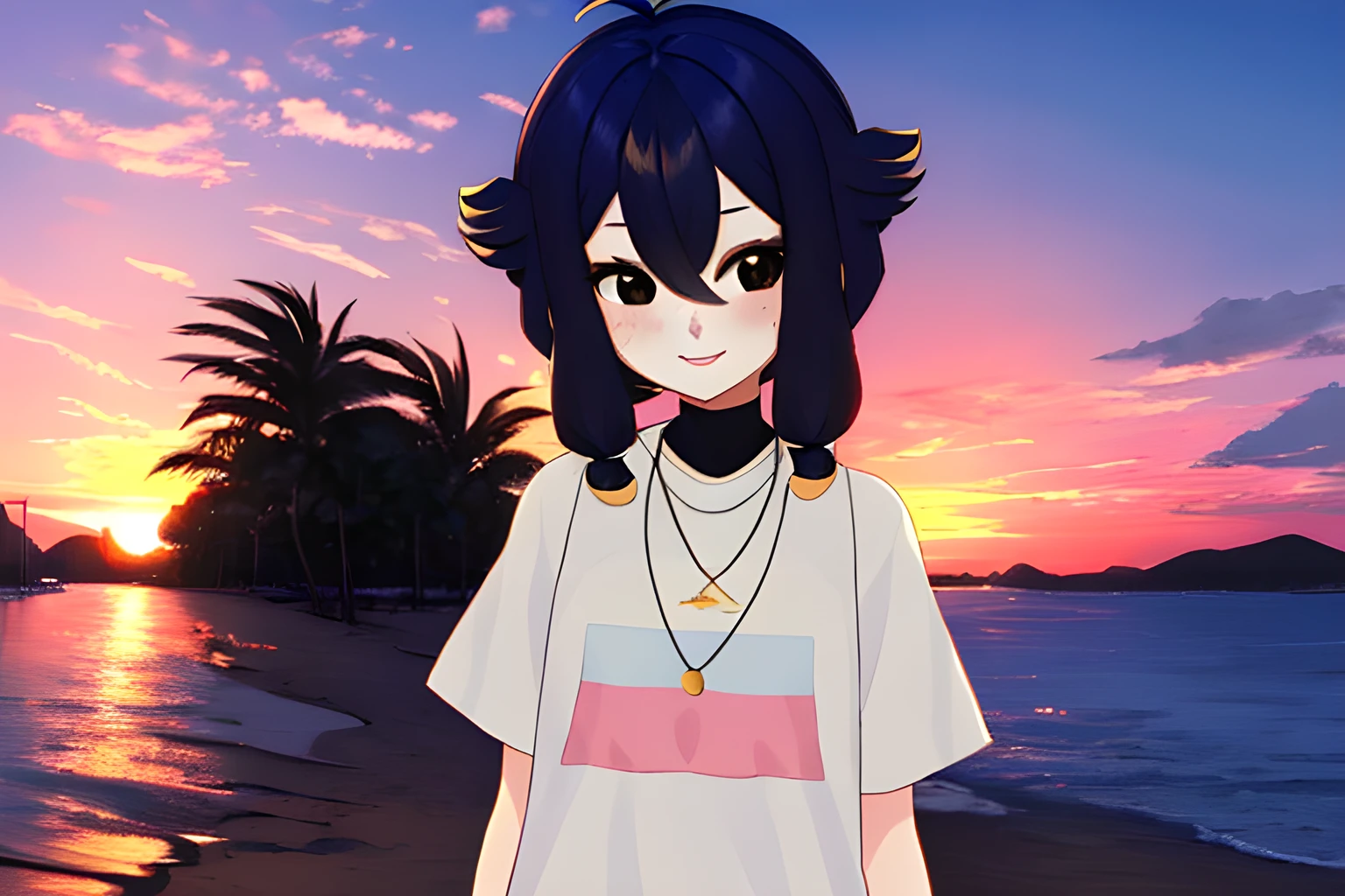 <lora:CrayonVT_e11:1>,1girl,CrayonVT,solo,looking at viewer,blush,smile,happy,bangs,black hair,hair between eyes,jewelry,closed mouth,upper body,necklace,black eyes,[freckles:0.7],blue_hair,sunset,sunset,background,pov,girlfriend,beach,pink sky,gradient sky