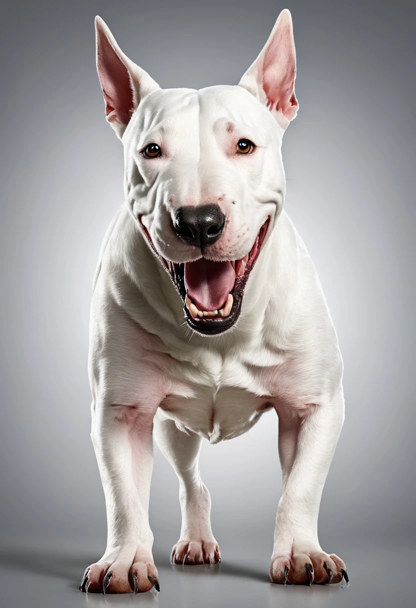 super realistic image ultra quality and super high resolution and sharp focus, photorealistic style of bull terrier dog dynamic pose, aggressive and vicious expression, attacking stance, growl