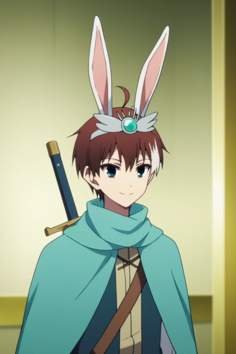 score_9, score_8_up, score_7_up, score_6_up, masterpiece, best quality, amazing quality, best aesthetic, absurdres, intricate details, akatsuki iride, brown hair, blue eyes, 1boy, male focus, smile, weapon, sword, parody, looking at viewer, solo, ahoge, cosplay, animal ears, rabbit ears, weapon on back, fake animal ears, style parody, upper body, multicolored hair, cape, circlet, green vest, WHITE HAIR<lora:EMS-450818-EMS:1.000000>