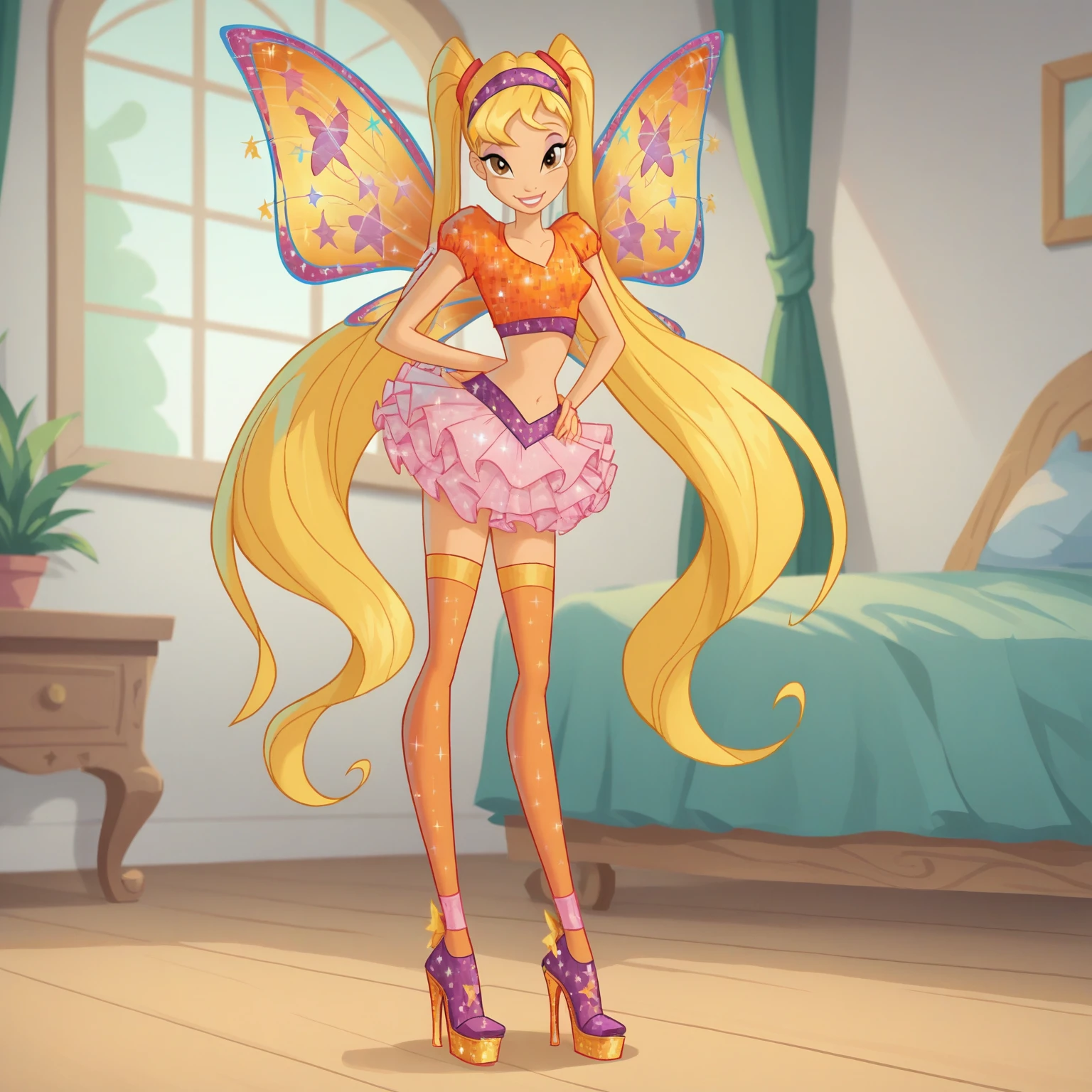 score_9, score_8_up, score_7_up,
blonde hair, very long hair, brown eyes, twintails, makeup,
hairband, beliveix outfit, crop top, tutu, thighhighs, ankle boots, high heels, butterfly wings, glitter,
indoors, bedroom,
1girl, standing, looking at viewer, smile,
xstellax <lora:stella-winx:0.8>