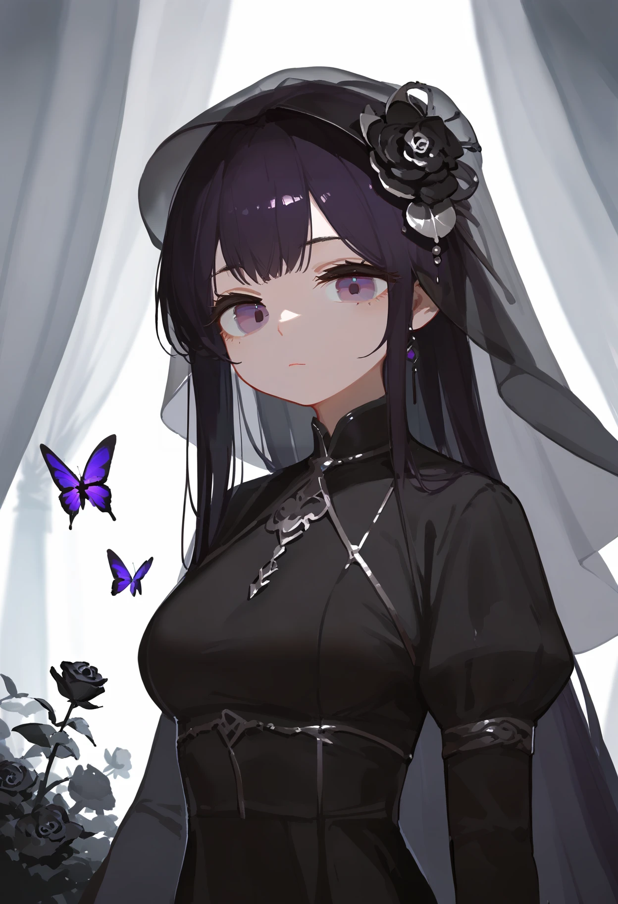 score_9, score_8_up, score_7_up, score_6_up, <lora:Antifreeze3XL_TPN6_lokr_V53P1:0.95> 1girl, butterfly, bug, solo, veil, black flower, black rose, purple eyes, black hair, long hair, looking at viewer, upper body, flower, dress, black dress, purple butterfly, rose, closed mouth, hair ornament, hair flower, long sleeves, expressionless, white background, breasts, curtains