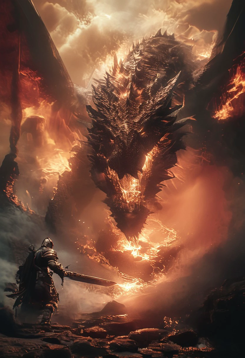 Unfazed dragon, a knight in shining armor, facing a fearsome dragon, knight is jumping towards dragon, dragon opens mouth, dragon mouth has teeth, fire from dragon mouth, epic battle, burning sword, sword, dark fantasy, detailed armor, fire, scales, dramatic lighting, its light barely illuminating the surroundings, The atmosphere is heavy with tension the sea crashing violently against the rocks, the creature's immense size dwarfing the solitary human, lone figure against the ancient, otherworldly beast, color palette is dark, deep blacks and greys, high contrast, ral-ertmsphr,