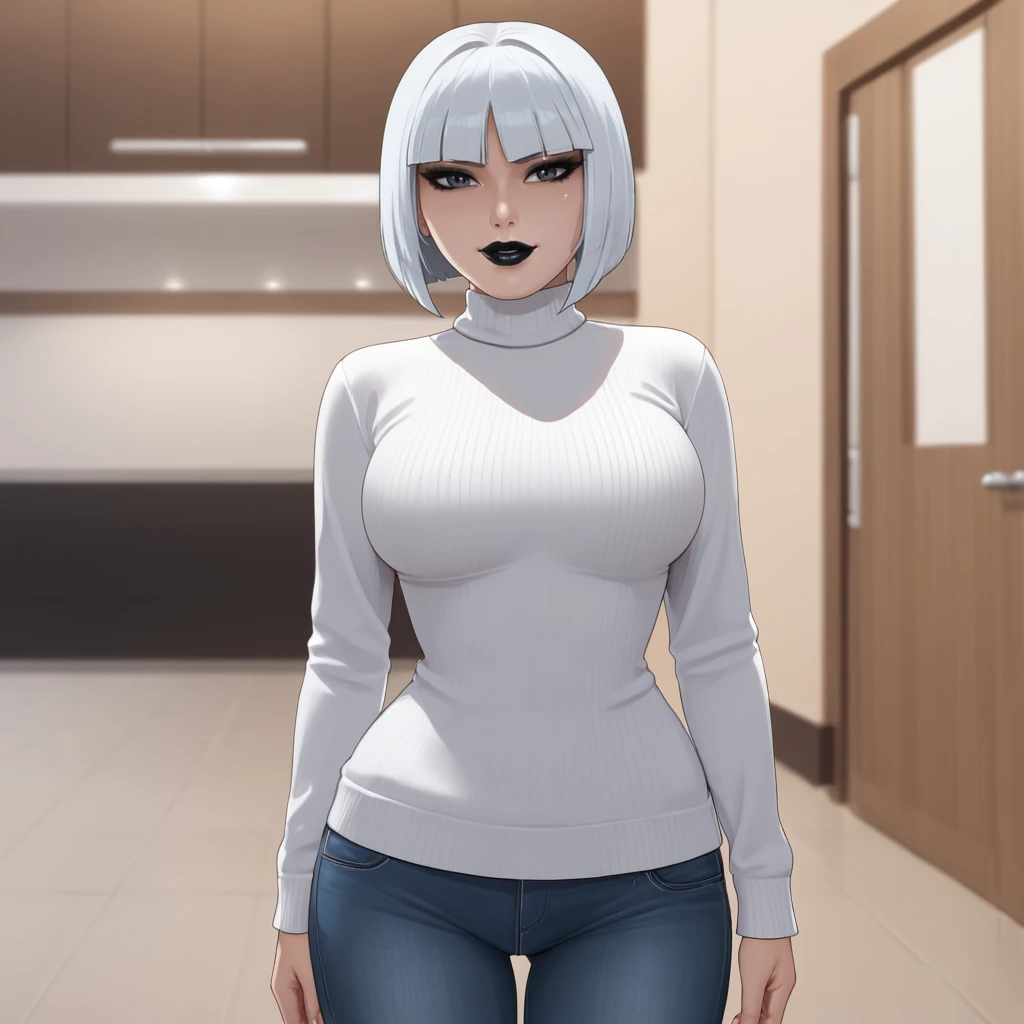 <lora:magpiedc_pony_v1:.7> Magpie, 1girl, large breasts, short hair, bob cut,  makeup, black lips, colored skin, white hair, lipstick, bangs, sweater, jeans, cowboy shot