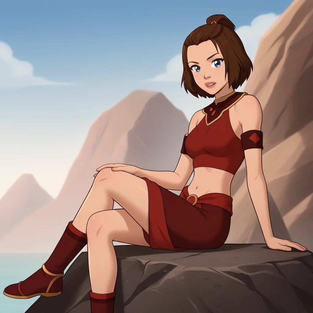 score_9_up, BREAK, suki, 1girl, solo, brown hair, short hair, topknot, blue eyes, red top, bare shoulders, armband, midriff, <lora:SUKI_TheLastAirbender_PXL_Leaf1:1>, outdoors, blue sky, looking at viewer, sitting on rock,