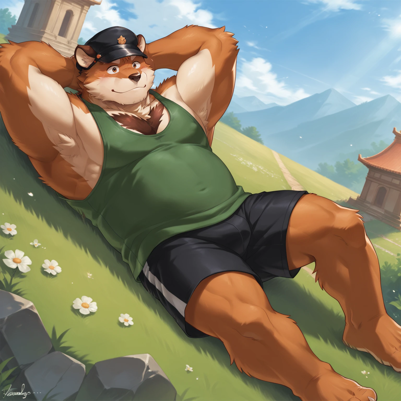 fulllength portrait, <lora:KotaroV1:0.7>, kotaro, crave_saga, belly, (brown chest tuft:1.2), hat, pectorals, orange fur, lying, on back, hands behind head, looking up, sky, sunlight, particles, grass, warm colors, mountain, dutch angle, sport shorts, green tank top, highangle view, smile, temple, blush, neutral expression, mature male, dominant male, , score_9, score_8_up, score_7_up, score_6_up, score_5_up, by cursedmarked, by lindong, by takemoto arashi,