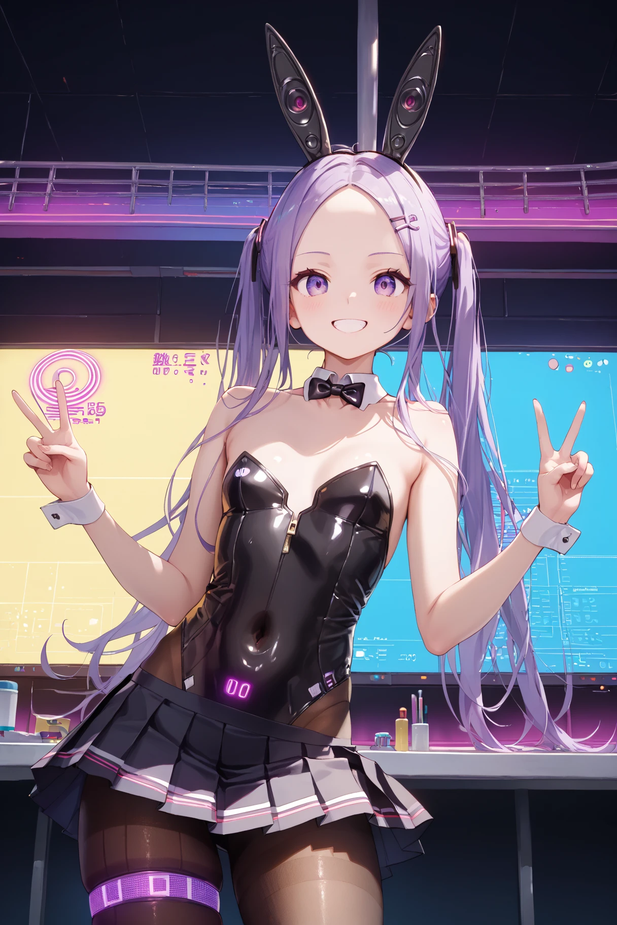 (nsfw:1), (Uncensored:1),
score_9, score_8_up, score_7_up, score_6_up, very detailed illustration,
 <lora:LoChan_Pony_V1:0.9>purple eyes, forehead, purple hair, long hair, twintails, rabbit ears, rabbit hairpin, 
detached collar, bowtie, choker, bare shoulders, 
Shiny clothes, electric lights, light paint,
playboy bunny, black leotard, strapless leotard, zipper, covered navel, 
half gloves, tattoo,
black pantyhose, thigh strap, 
peace sign, double peace sign,smile,
((Black Mini skirts:1.5, pleated skirts, Shiny skirts:1.5))
cyber pank, what, Neon lights, neon signs, holographic interface, neon trim, hologram, gameplay mechanics,  science fiction, laser, 
blue background, simple bacground,,yellow background, simple bacground,,
upper body, cowboy shot,