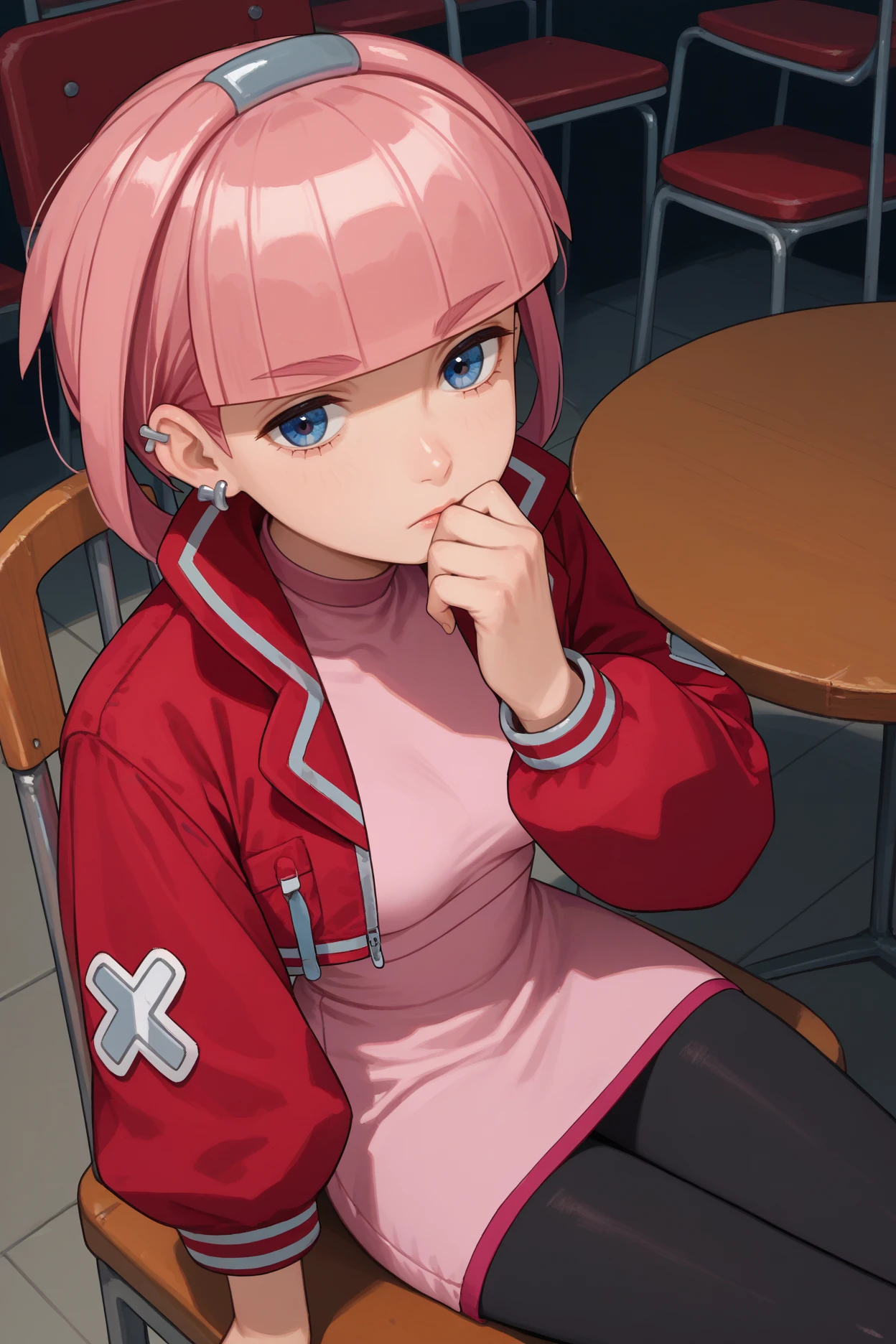 score_9, score_8_up, score_7_up, score_6_up, source_anime, 1girl, solo <lora:pkmnmollie-pdxl-nvwls-v1-000005:1> mollie, pink hair, blunt bangs, short hair, blue eyes, hairband, ear piercing, red jacket, cropped jacket, pink dress, black pantyhose, medium breasts, sitting, from above, chair, table, thinking, hand on own chin