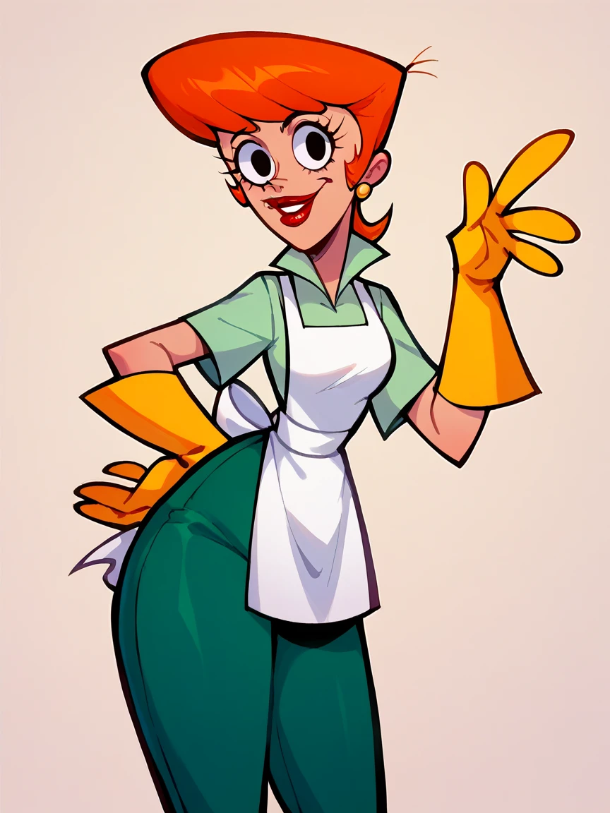 score_9, score_8_up, score_7_up, score_6_up, score_5_up, <lora:momDLXLP:0.5> momdl, mom_(dexter's_laboratory), gloves, apron, orange hair, pants, yellow gloves, solo, red lipstick,   <lora:dexterslabXLP:1> dexters lab, looking at viewer,