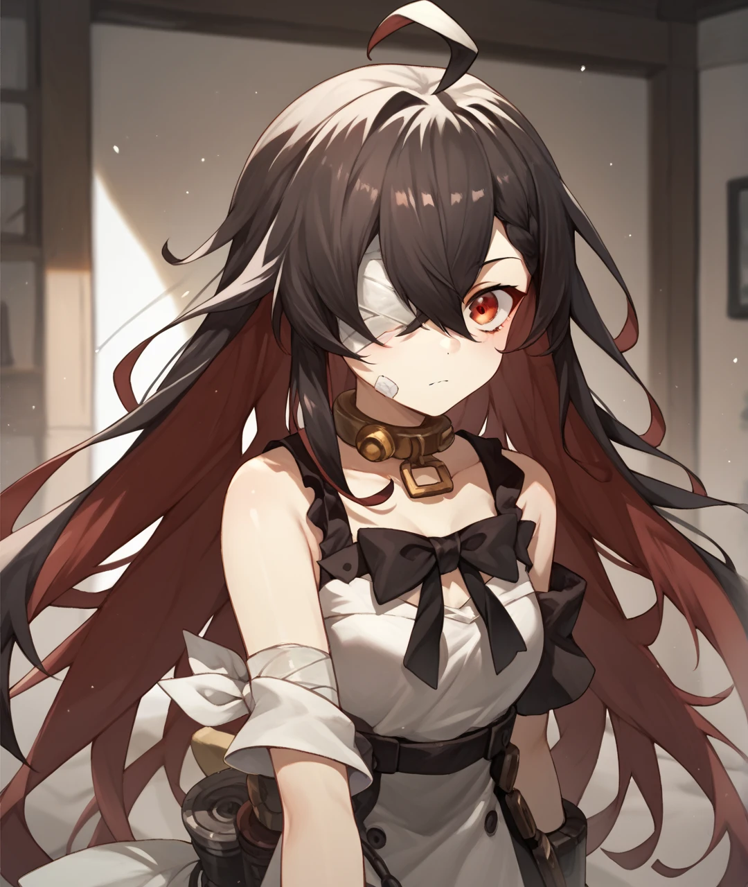 Picchieris, 1 girl, redhead, long hair, bangs, hair between eyes, Ahoge, very long hair, red eyes, chest, small chest, hair band, black hair band, thick eyebrows, bare shoulders, long sleeve, skirt, shirt, white shirt, black skirt, blush, indoors, masterpiece, highest quality, be familiar with   