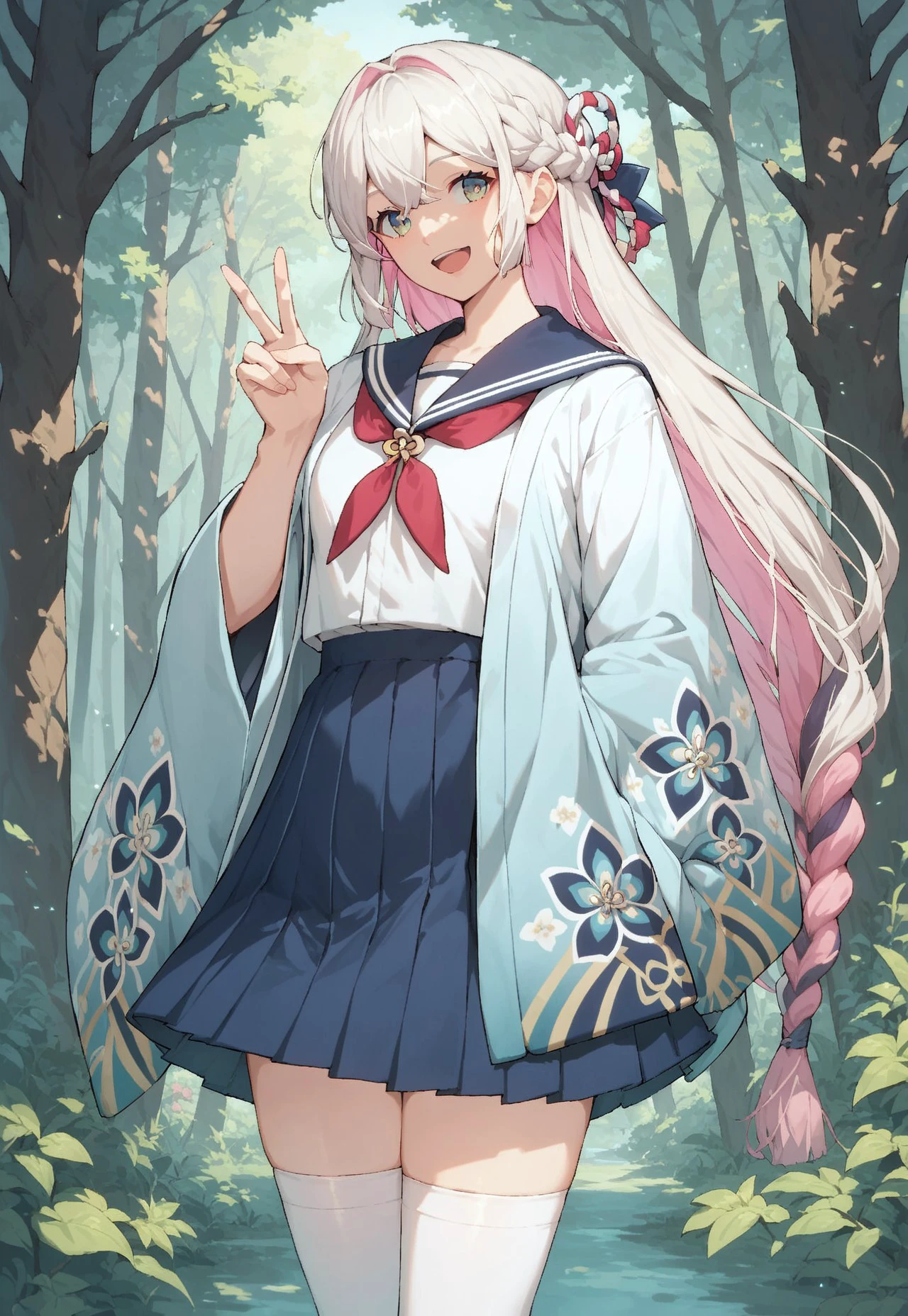 score_9, score_8_up, score_7_up, source_anime, beautiful, long hair, white hair, pink hair, multicolored hair, braid, japanese clothes, school uniform, looking to viewer, smile, forest, pose, v fingers, peace sign, open mouth, skirt, white thighhighs