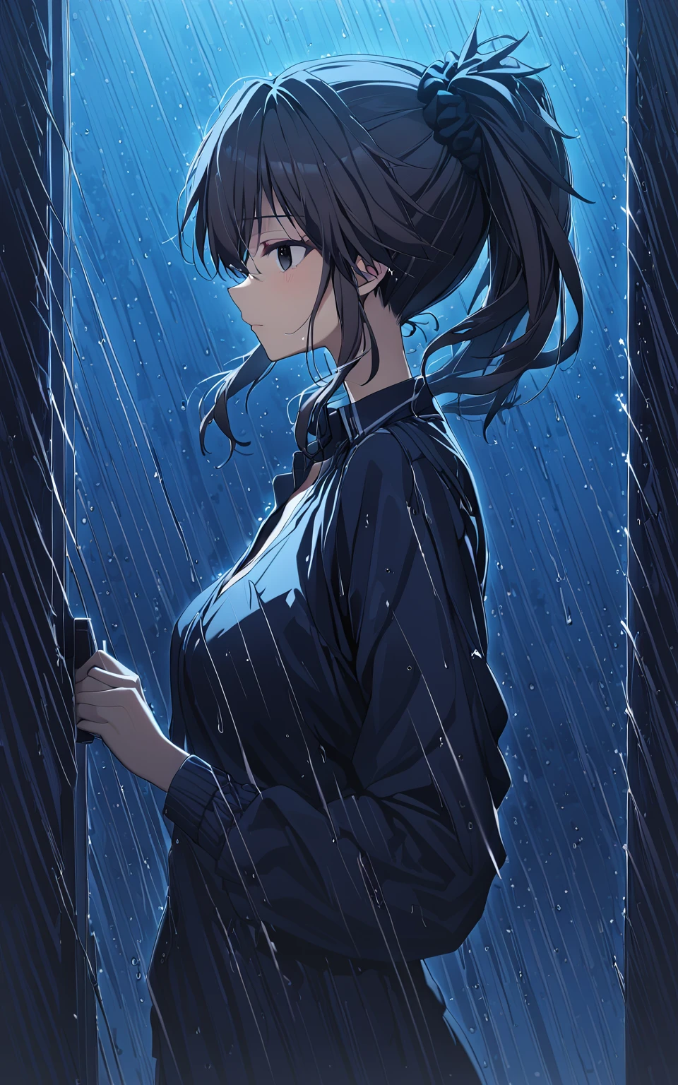 1girl, yuzuri\(memories off 8\), solo, black eyes, hair scrunchie, brown hair, ponytail, one side up, rain, umbrella, profile, night, upper body, masterpiece, best quality, very aesthetic, absurdres, vivid colors, highres, 4k, 8k, intricate detail, cinematic lighting, wallpaper,  <lora:yuzuri_v_1_4-000006:1> <lora:aesthetic_anime_v1s:1>