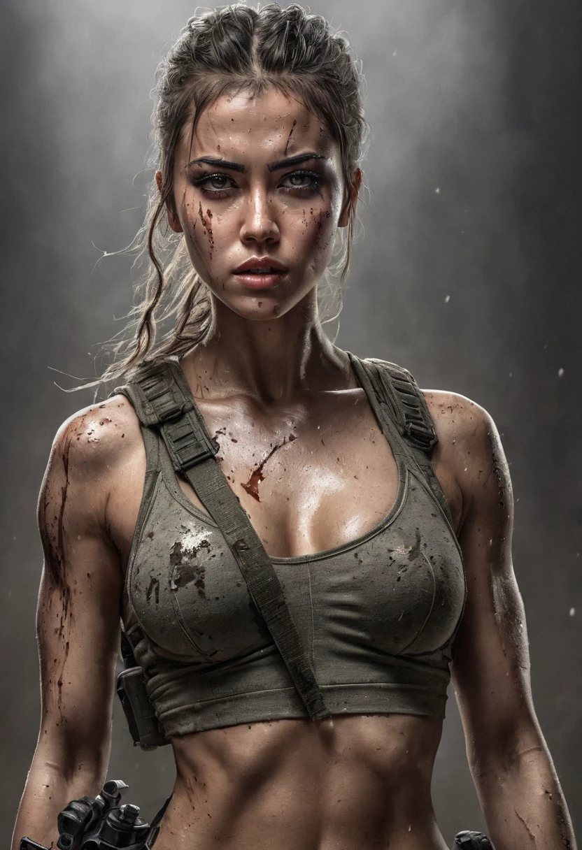 super realistic image with ultra high quality and correct anatomy of the perfect (very sexy female warrior) in various dynamic poses, photorealism, with sharpness in focus, clean and anatomically correct face and limbs, torn clothes, hands raised behind the head, captured and an enemy soldier has aimed a machine gun at his head