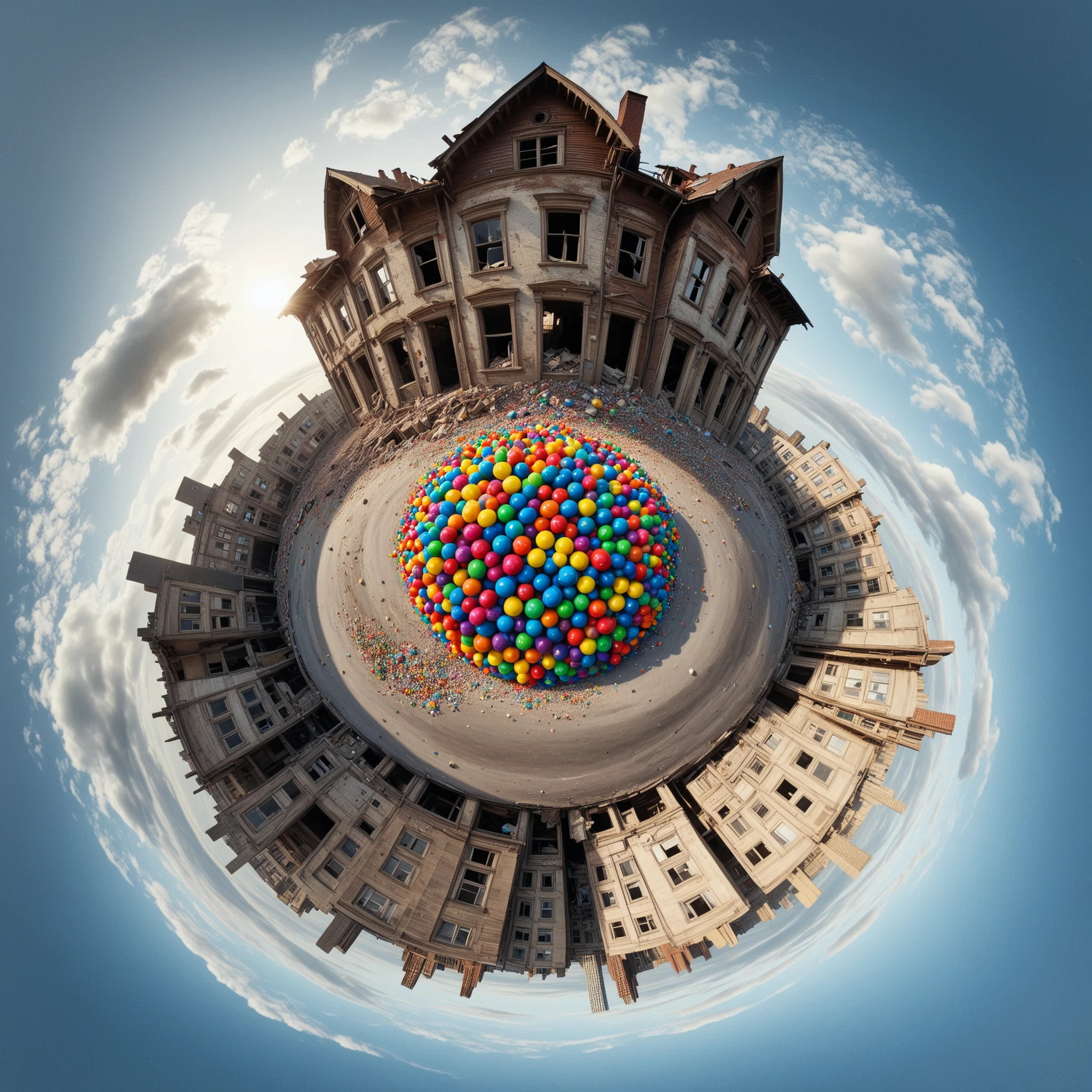 <lora:TinyPlanetSDXL:1> TinyPlanet Gobstopper in collapsing building