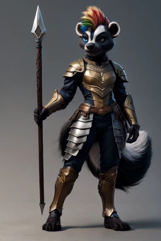 esmaria, a skunk wearing armor, holding spear
 <lora:esmaria:0.5>