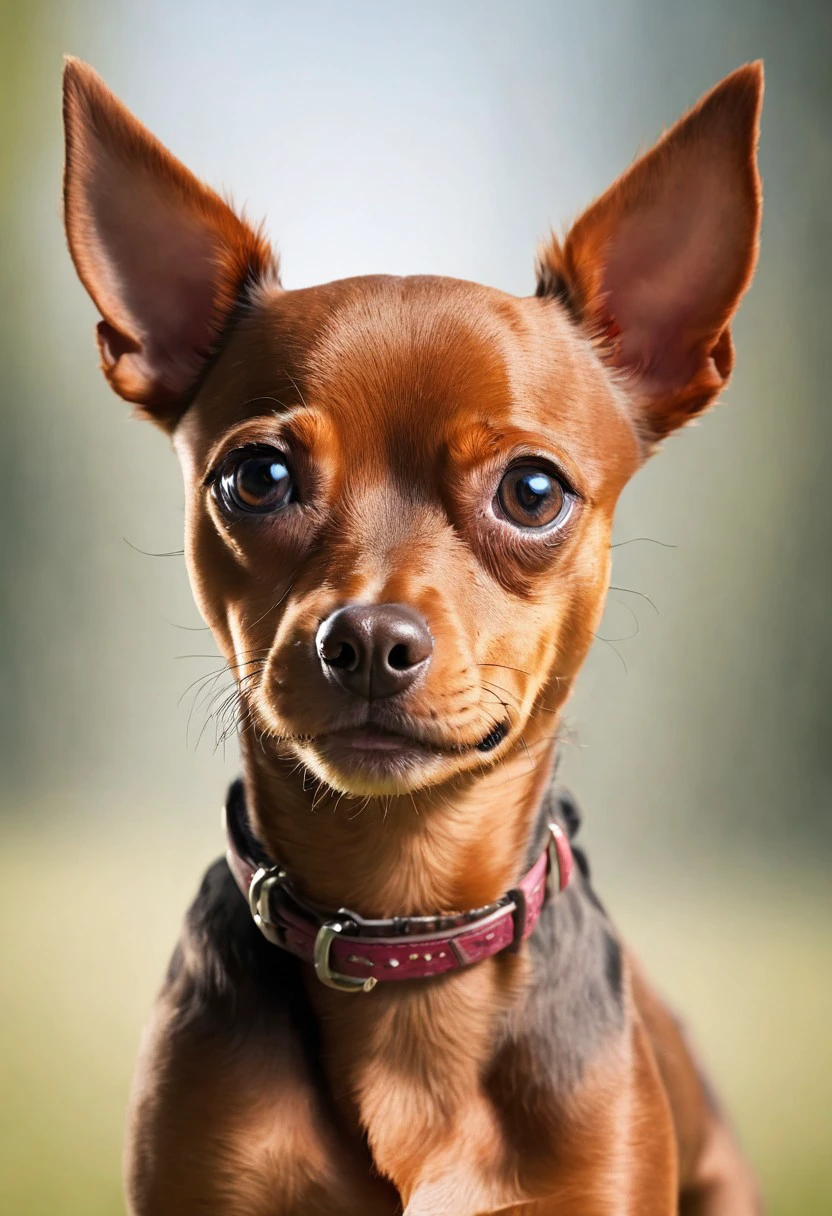 super realistic image ultra quality and super high resolution and sharp focus, photorealistic style of Mini Pinscher breed dog dynamic pose, playful and playful,