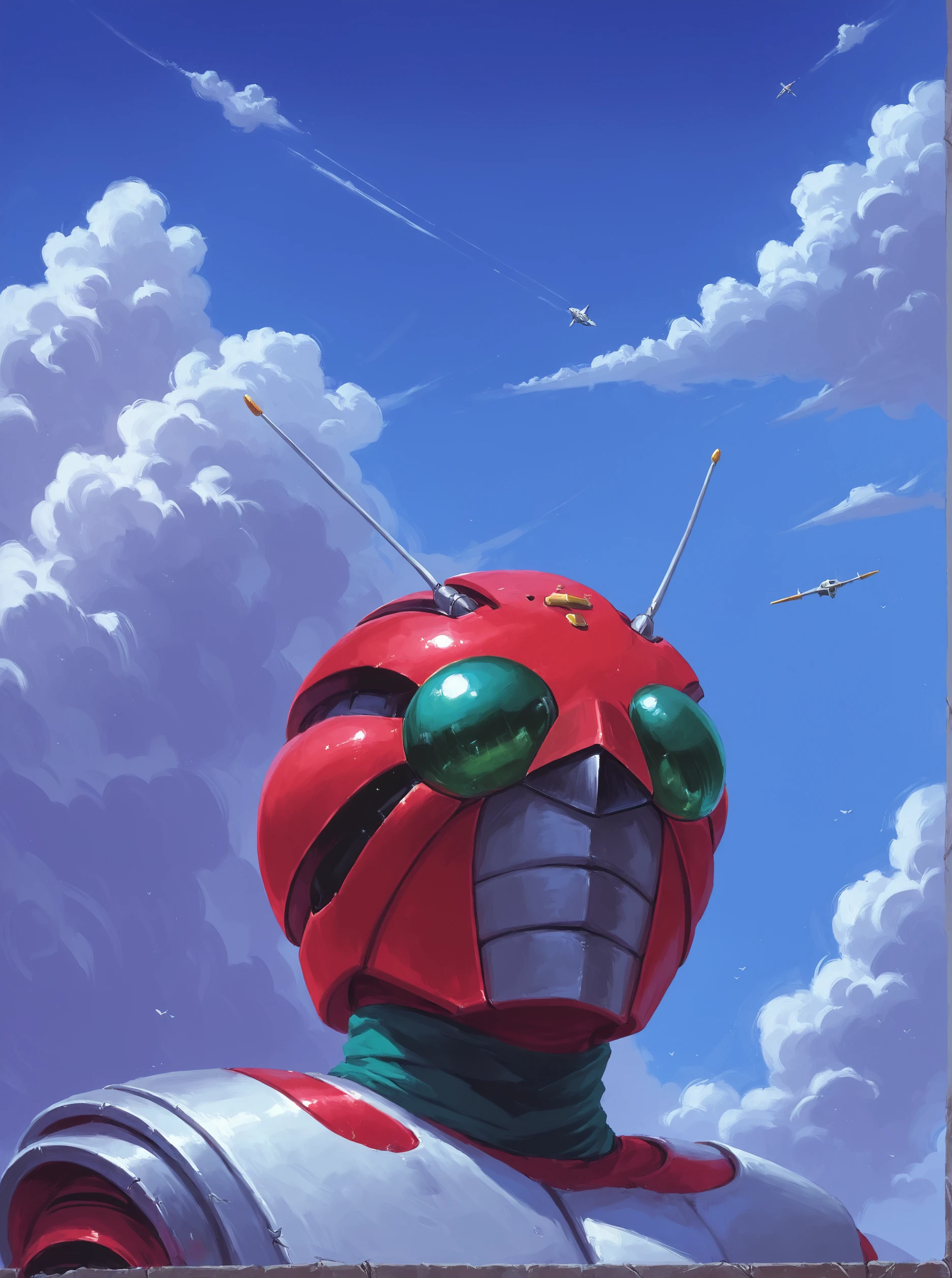 score_9, score_8_up, score_7_up, masterpiece, source_realistic, kamen rider, solo, no humans, mecha, antennae, sky, cloud, outdoor, <lora:sn0wStyle:1> <lora:HKHorrorXL:1>,     <lora:Kamen_rider_ZX_1984:1>