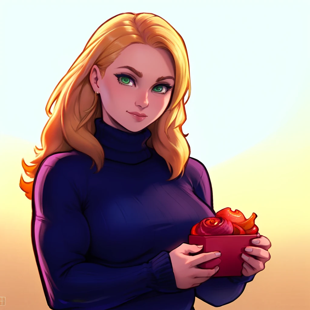 Best_QualityPos, RAW photo, intricate details, best quality, 8k uhd, soft lighting, 1girl, solo, bentodraws, simple background, turtleneck sweater, long sleeves, <lora:bentodraws:0.7> <lora:Annie_Thorisdottir:0.5> annie thorisdottir, green eyes, long hair, blonde hair