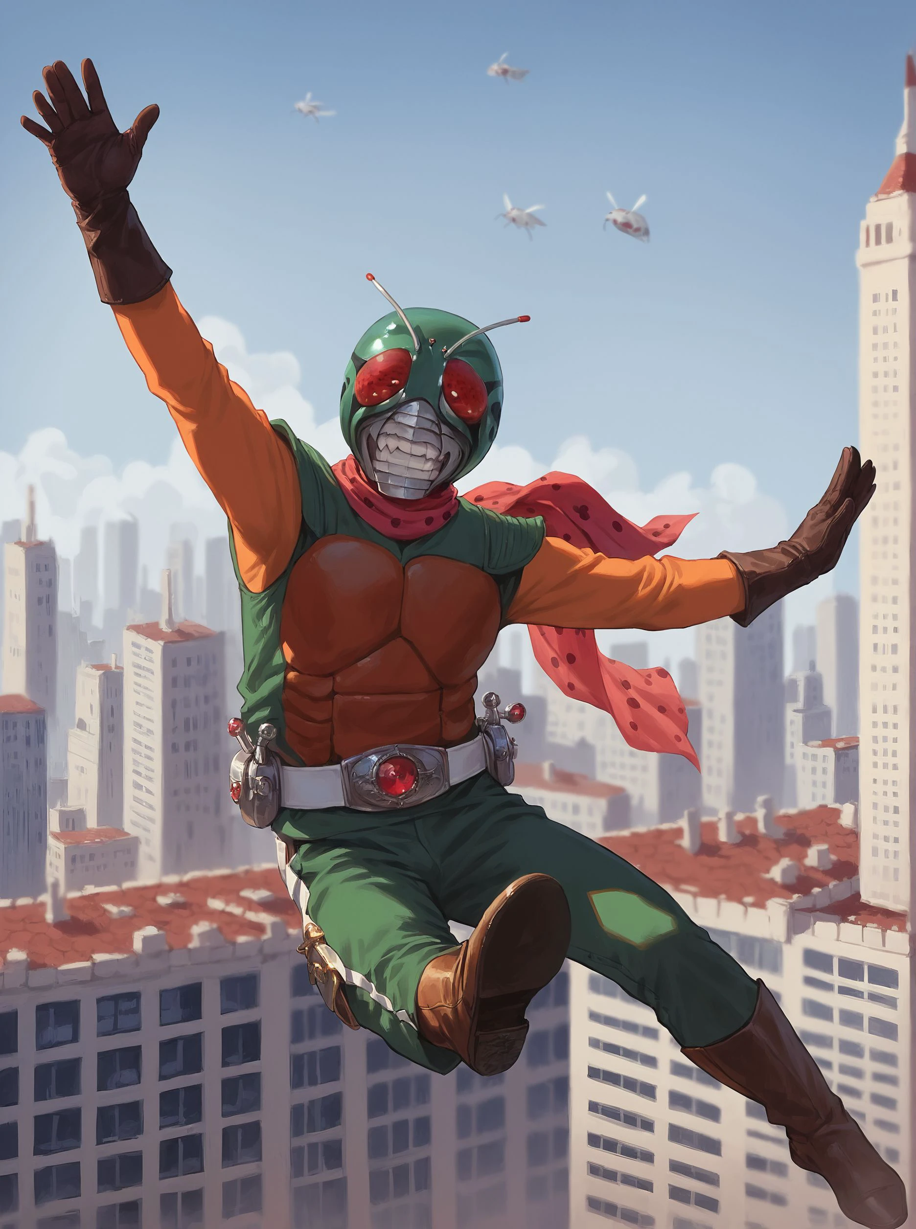 score_9, score_8_up, score_7_up, masterpiece, source_realistic, 1boy, solo, gloves, male focus, antennae, scarf, teeth, city, belt,  flying, outdoor, <lora:sn0wStyle:1> <lora:HKHorrorXL:1>,  <lora:Skyrider_1979:1>