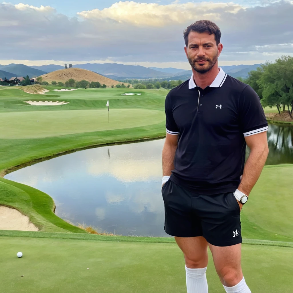 half body photo of a man,ry4nb1gg5, facial hair, wearing black shorts, white polo shirt, white socks, (golf course with rolling hills), spring morning, slight smile, looking at viewer,  <lora:ryanbiggs:.9>