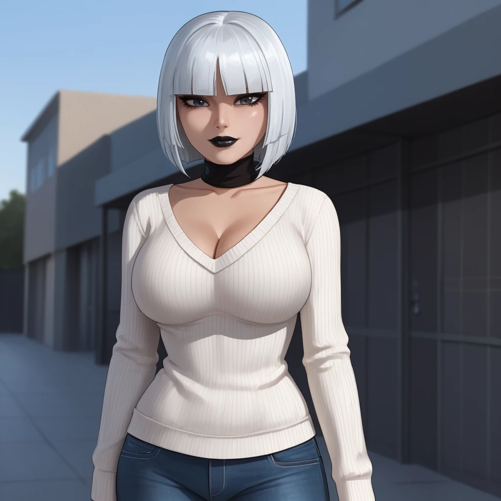 <lora:magpiedc_pony_v1:.7> Magpie, 1girl, large breasts, short hair, bob cut,  cleavage, makeup, black lips, colored skin, white hair, lipstick, bangs, sweater, jeans, cowboy shot