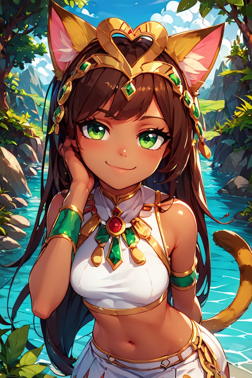 score_9, score_8_up, score_8, medium breasts, (curvy), cute, eyelashes,       BREAK,  zzBastet, brown hair, green eyes, tiara, medium breasts,   white skirt, white crop top, cat ears, dark skin, jewelry,  very long hair, cat tail, smile, smug,  upper body, leaning forward, head tilt,   BREAK,  smile, looking at viewer,  outdoors, water, hand on hip, plant, contrapposto,   embedding:zPDXL, Expressiveh,   <lora:BastetPDXL:0.8>,  <lora:CatalystStylePDXL:0.6>,  <lora:SDXLFaeTastic2400:0.5>,  <lora:Expressive_H-000001:0.4>,