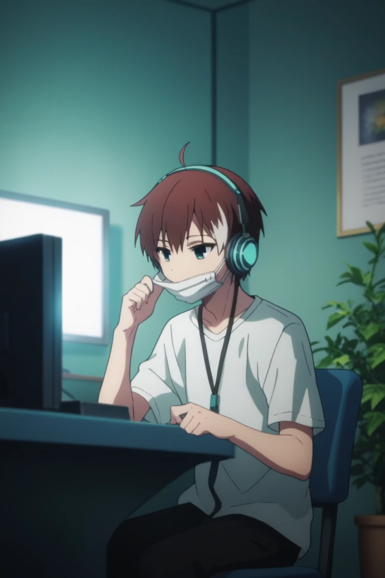 score_9, score_8_up, score_7_up, score_6_up, masterpiece, best quality, amazing quality, best aesthetic, absurdres, intricate details, akatsuki iride, brown hair, blue eyes, 1boy, male focus, solo, mask, mouth mask, monitor, headphones, indoors, sitting, mask pull, chair, shirt, plant, MULTICOLORED HAIR, WHITE HAIR<lora:EMS-450818-EMS:1.000000>