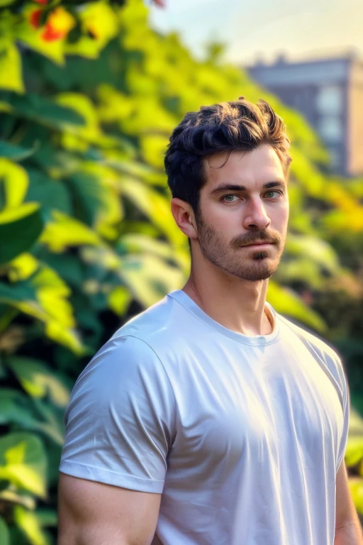 RAW photo, photograph of guy, ( face focus:1.5)  portrait, (facial hair) High resolution handsome guy, highly detailed, white t-shirt, (look at viewer) natural morning, sunburnt, <lora:austinmartin:0.8> austinmartin, blurry background, summer vibes, <lora:add_detail:0.7> outdoors, leaf garden behind,, (masterpiece,best quality:1.5)