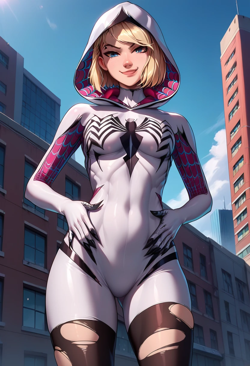 score_9, score_8_up, score_7_up,score_6_up, source_anime, g4n1m3, city, rooftop, <lora:g4n1m3XLP:1>
BREAK 
1girl,gwenom, hooded bodysuit, hood up, superhero, spider web print, hood, gwen stacy, blonde hair, short hair, blue eyes,standing, hands on own stomach, medium breasts, smirk, closed mouth, claws, toned,thick thighs,(hourglass figure:1.3),looking at viewer,(torn thighhighs:1.1),      <lora:gwenom-08:0.7>