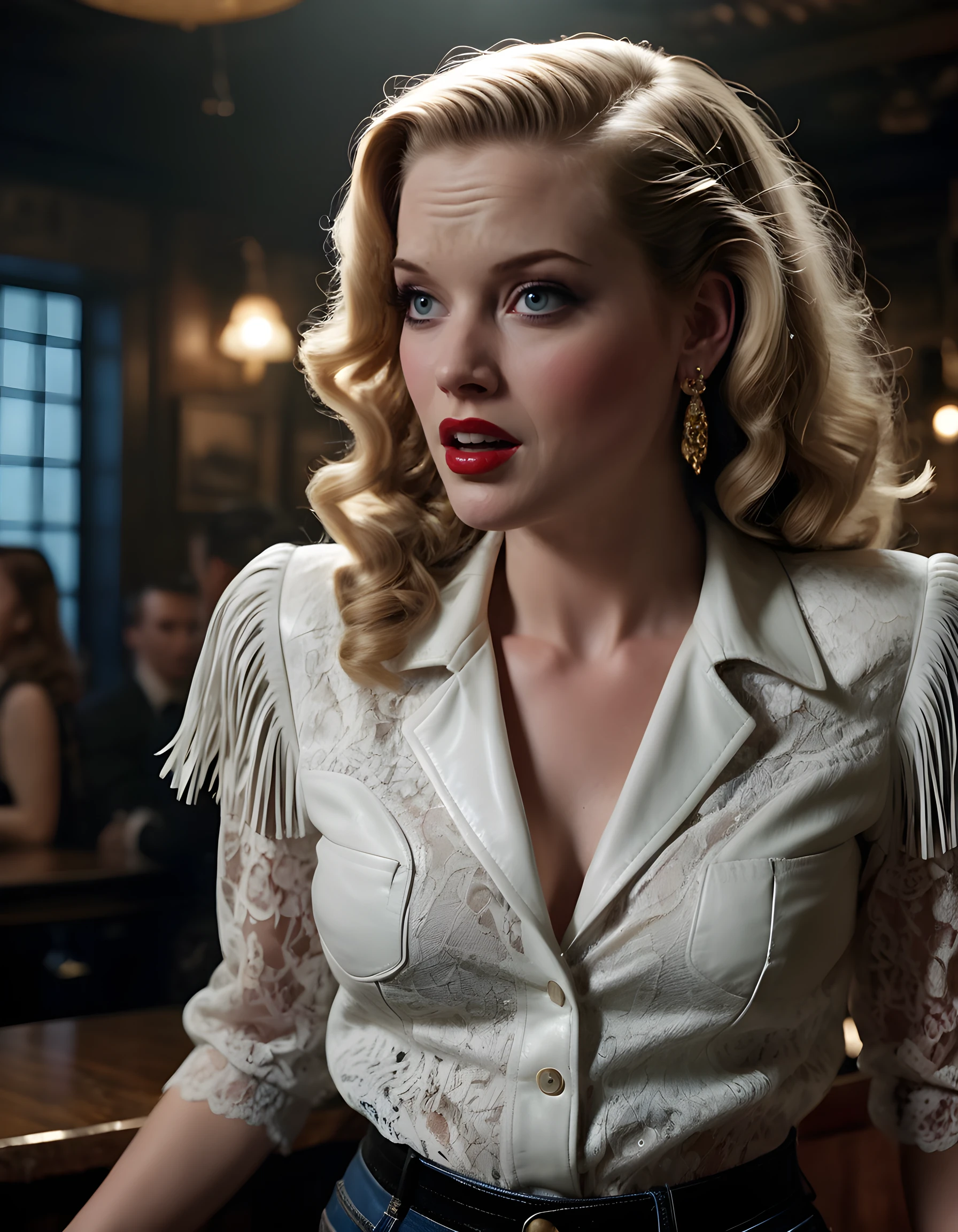 In a gritty, noir-inspired scene reminiscent of 1940s Hollywood, J4N3L3VY, a striking woman with long, cascading blonde hair adorned with intricate gold earrings, is the sole focus of the image. Her piercing blue eyes gaze intently from beneath heavy eyelashes as she bites her lower lip, her perfectly white teeth contrasting sharply against her deep red lipstick. She wears a stylish yet edgy outfit consisting of a black leather jacket with fringed sleeves, a lacy white blouse, and high-waisted jeans. The image is captured from a low angle, emphasizing her strong posture and the dramatic shadows cast by the harsh, angled spotlight that illuminates her face, creating an intense and mysterious atmosphere. A smoky haze fills the background, obscuring the details of a dimly-lit speakeasy, while the foreground is crisp and vivid, drawing all attention to J4N3L3VY's enigmatic figure.