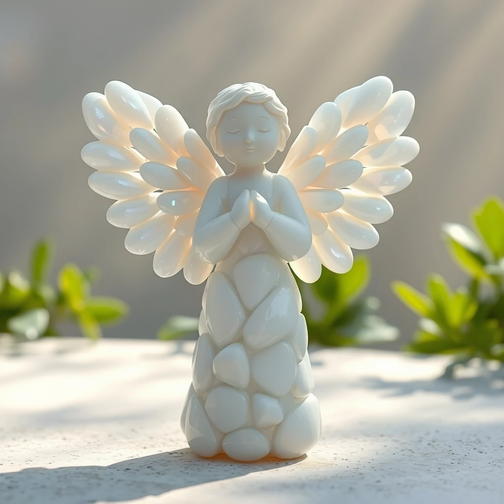 A captivating angel figure crafted entirely from glossy white stones, standing gracefully against a soft, ethereal background. The angel's wings are intricately detailed, resembling delicate feathers made from smooth, polished pebbles that shimmer in the light. Each stone reflects a spectrum of subtle white and silver hues, enhancing its celestial aura. The angel's serene expression conveys a sense of peace and wisdom, while gentle rays of soft, diffused sunlight cast delicate shadows, adding depth to the composition. The setting is a tranquil garden, with hints of lush greenery in the background, evoking a sacred and mystical atmosphere. The overall mood is serene and uplifting, perfect for a divine presence.